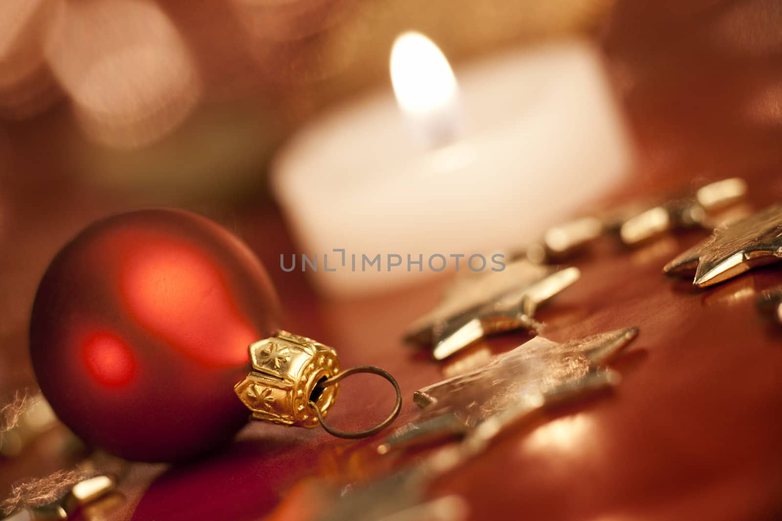 Christmas decoration with bauble. Shallow depth of field, focus on bauble, aRGB.
