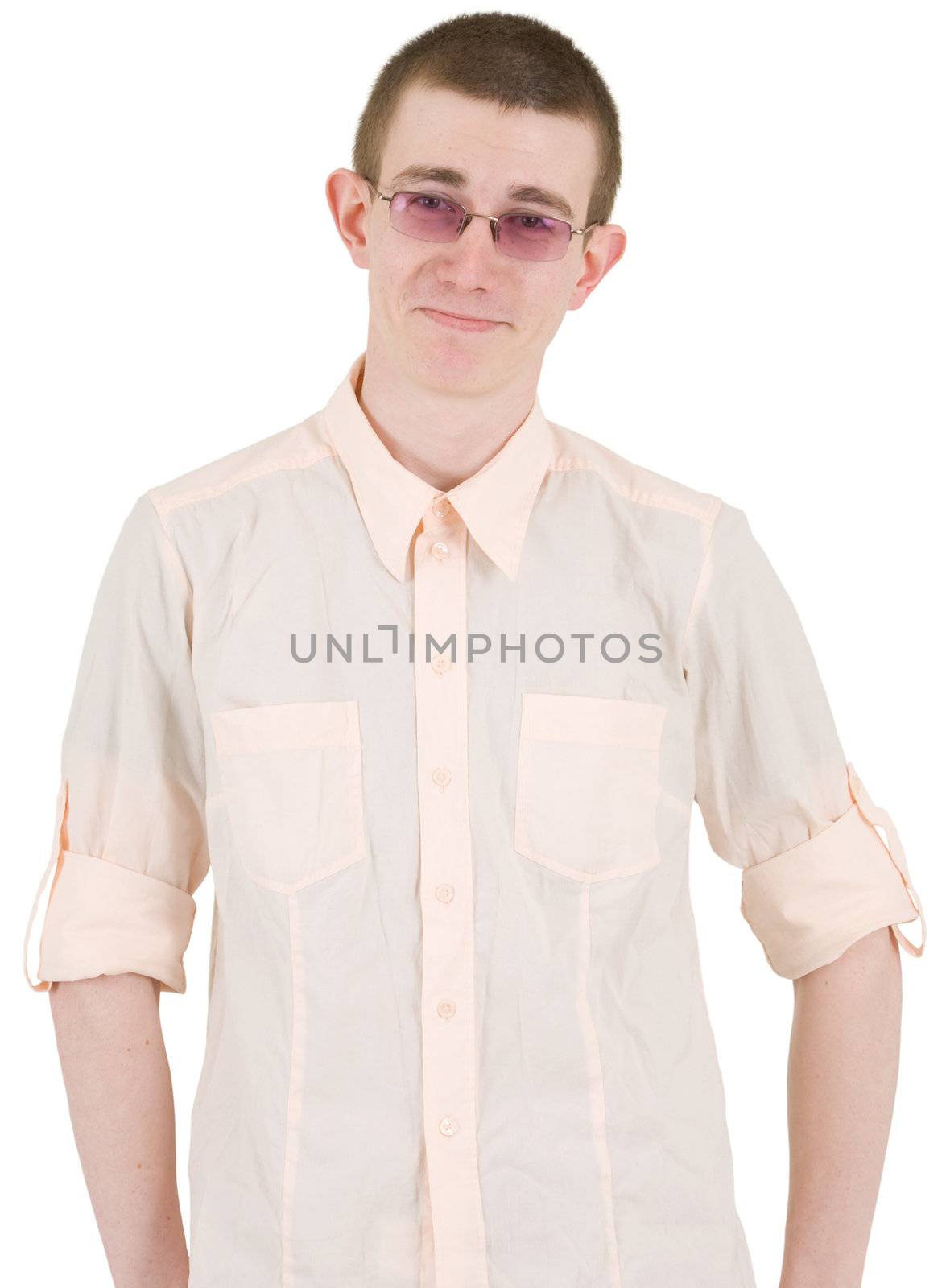 Young man bespectacled and light-rose shirt on the white background