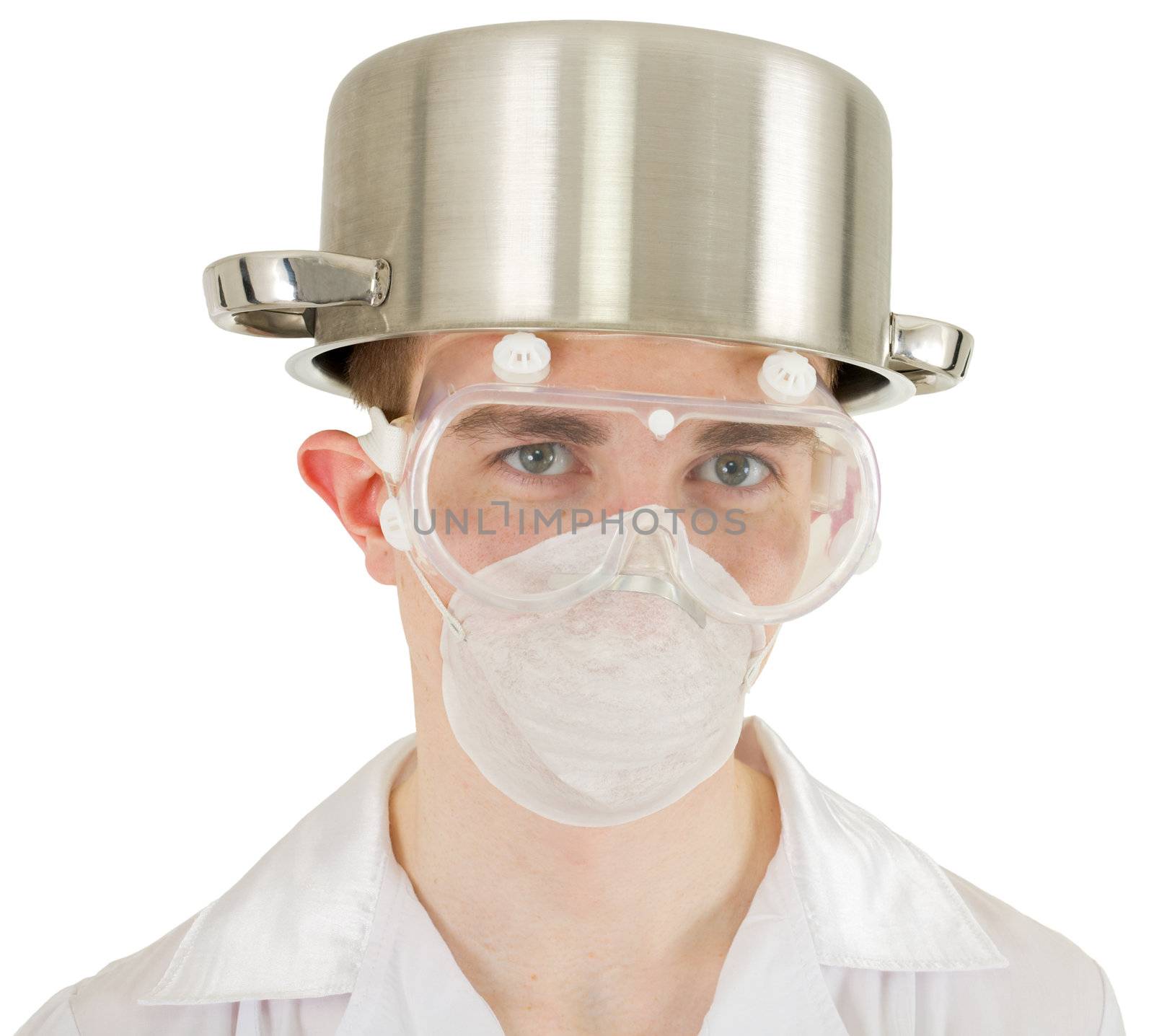 Scientist with steel saucepan on head instead of helmet