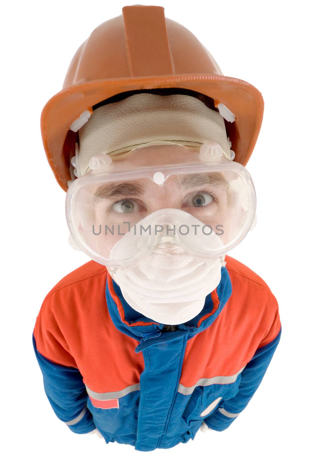 The man in worker cloth, helmet and respirator