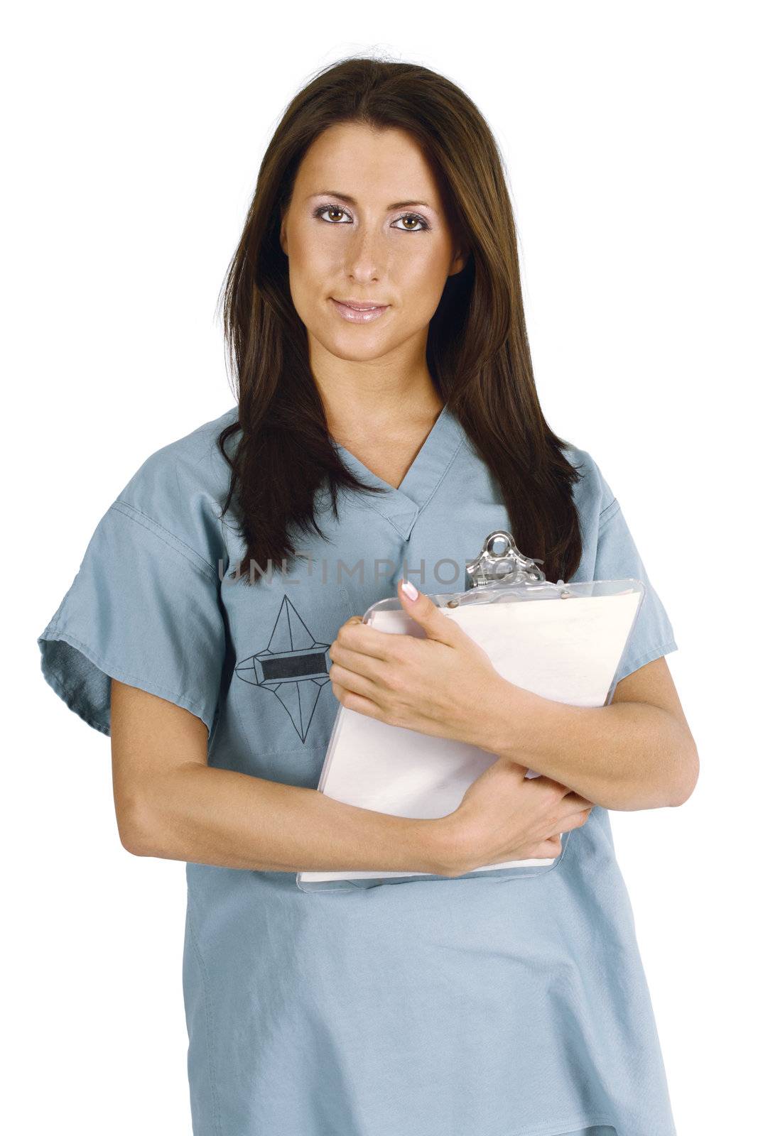 A beautiful young female nurse or dental hygienist carrying medical files.
