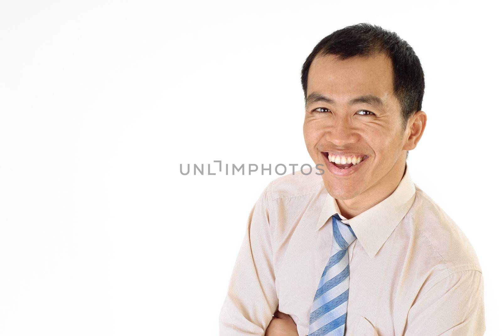 Happy smiling manager of Asian with copyspace of white.