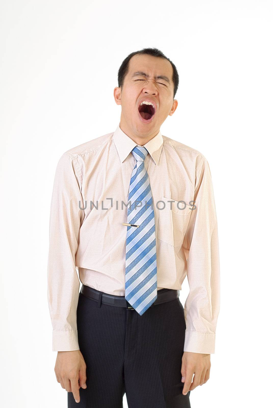 Portrait of tired business man of executive on white background.