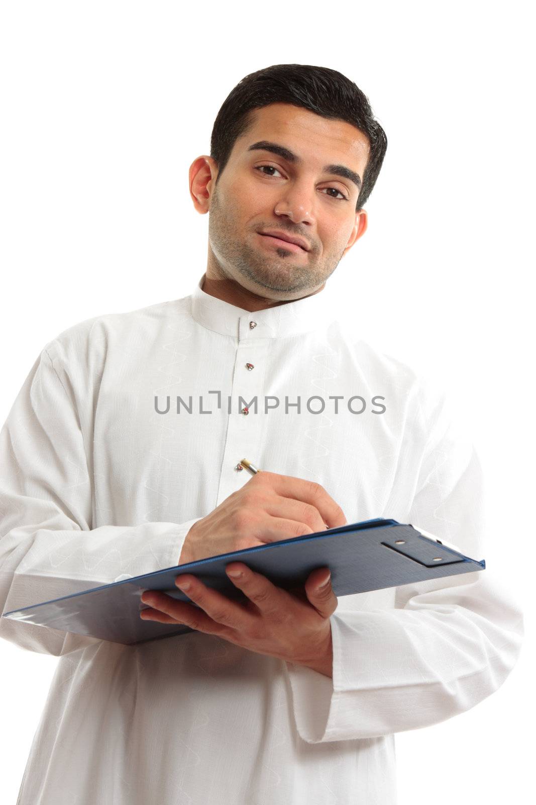 Ethnic arab mixed race businessman with pen and clipboard folder.  White background.