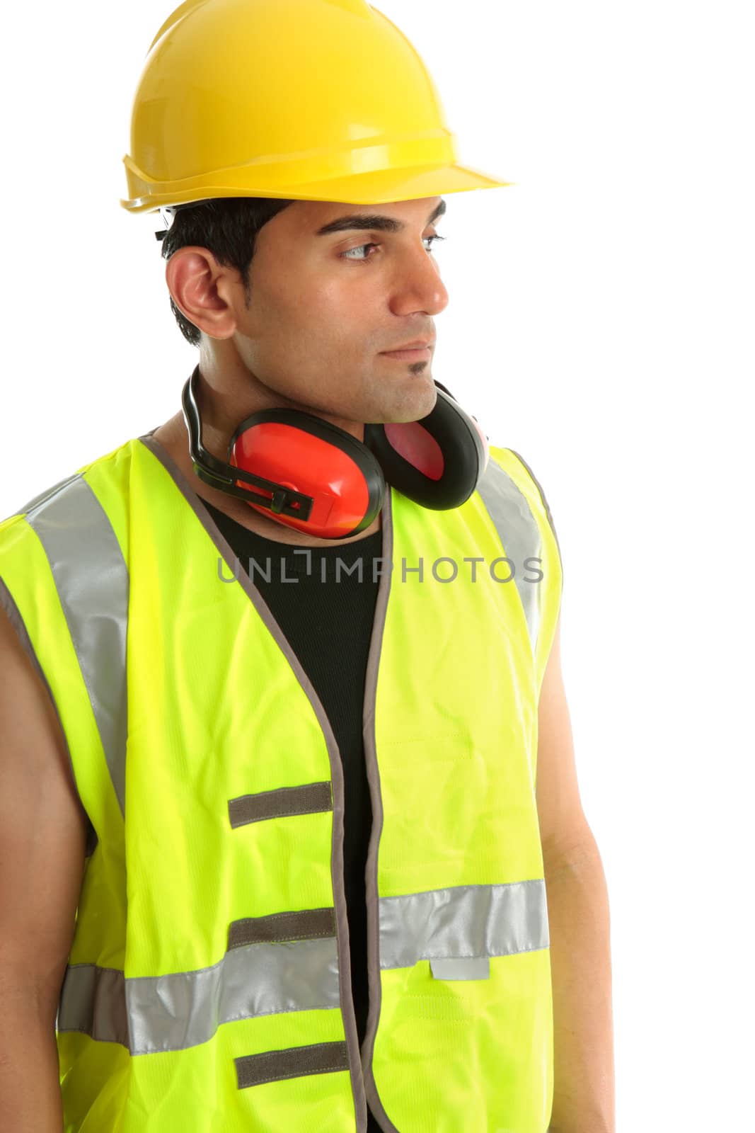 Carpenter, builder, labourer or construction worker looking sideways.  Suitable for a message, White background.