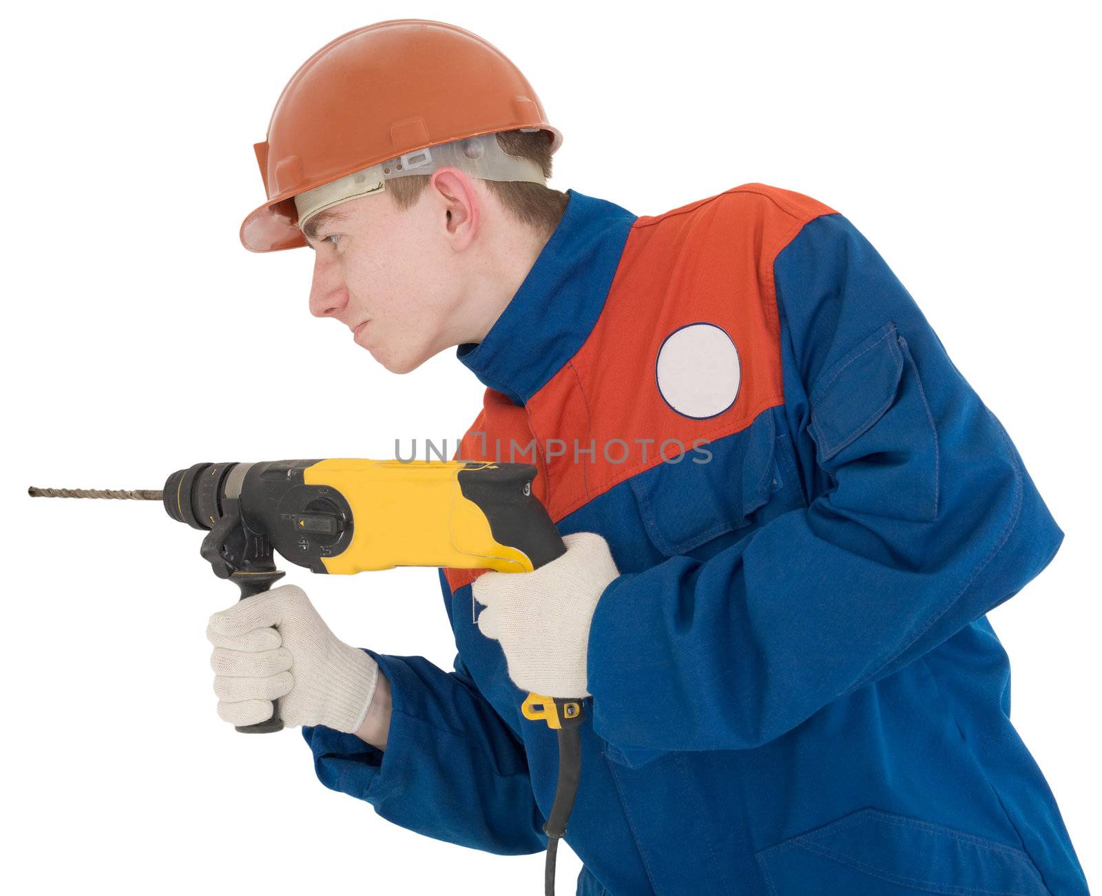 Man in worker cloth holding yellow perforator on the hands