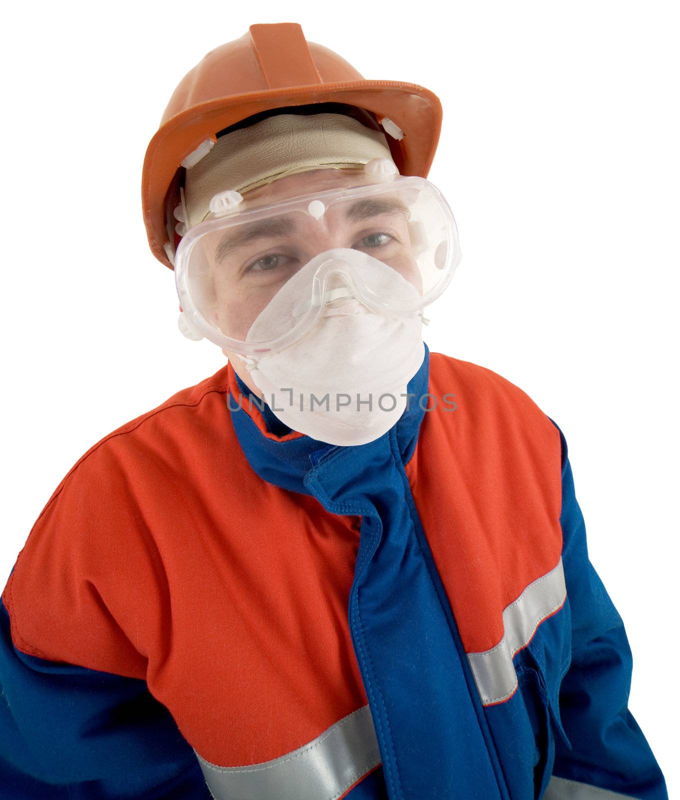 The man in working clothes, a protective mask and a respirator