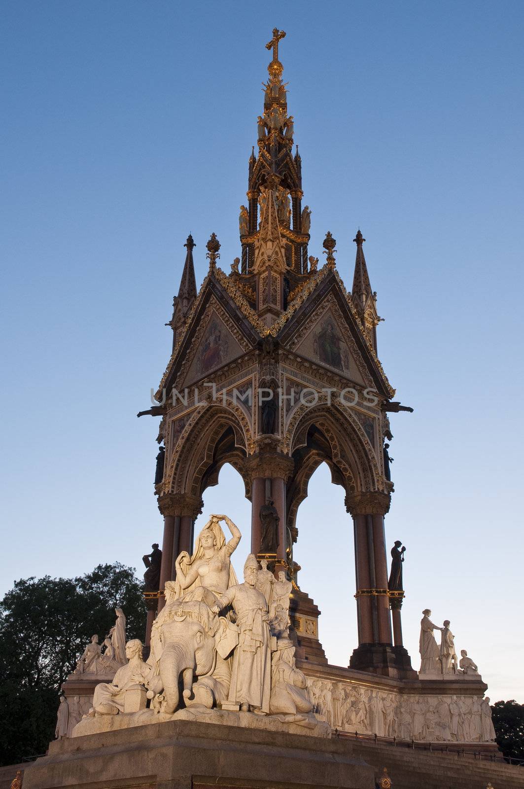 Royal Albert Memorial in London at dusk.
