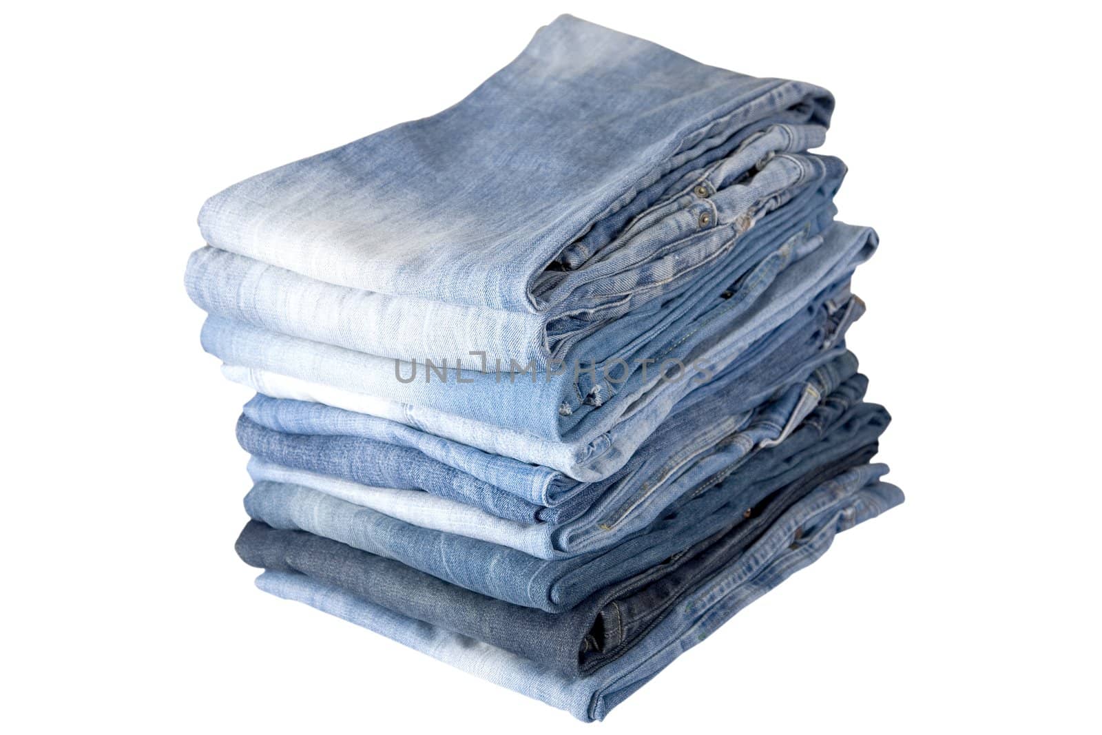 front view of stack, blue denim jeans