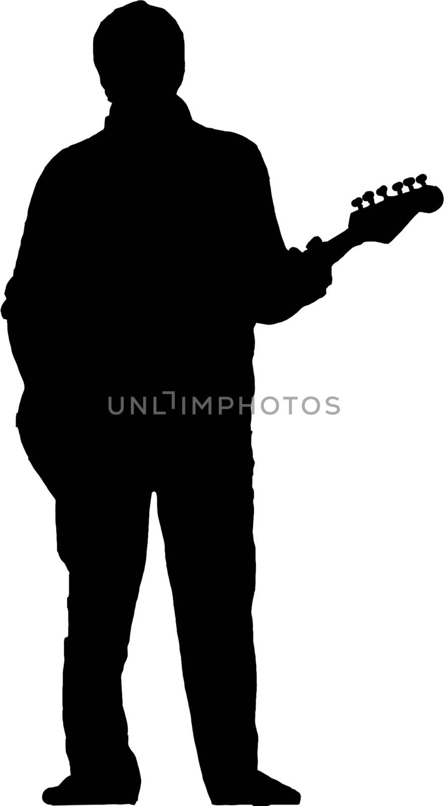 Black silhouette of a still guitarist, on white background