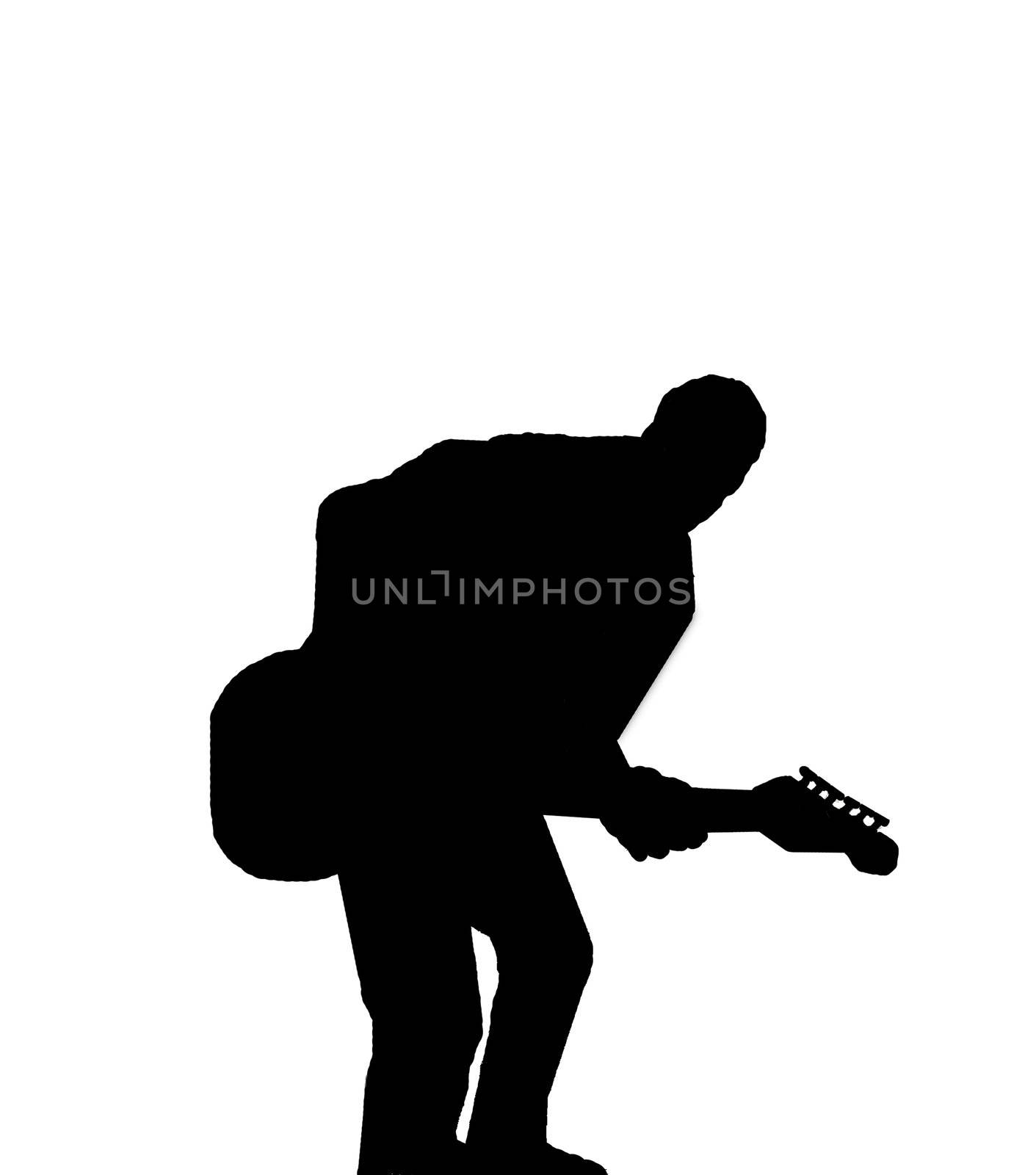 Black silhouette of guitarist on white background