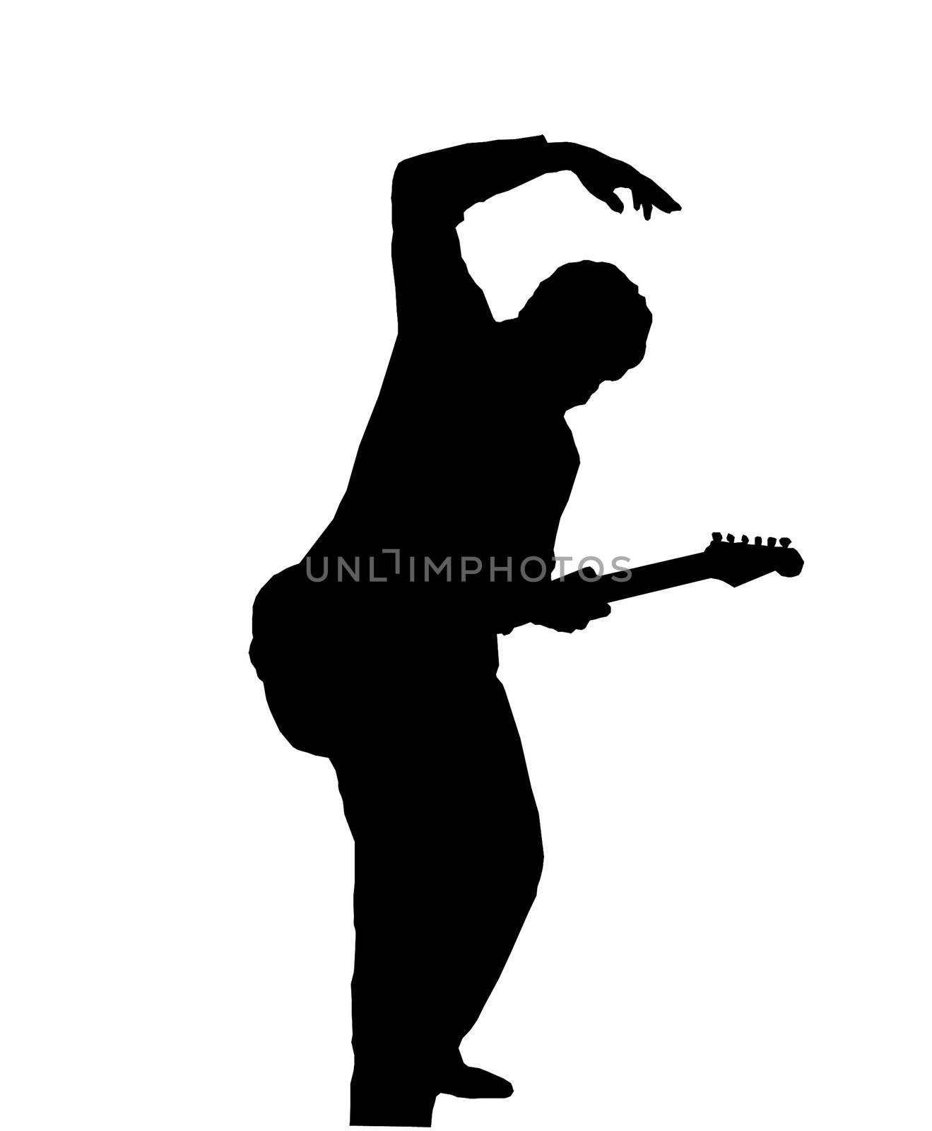 Black silhouette of guitarist on white background
