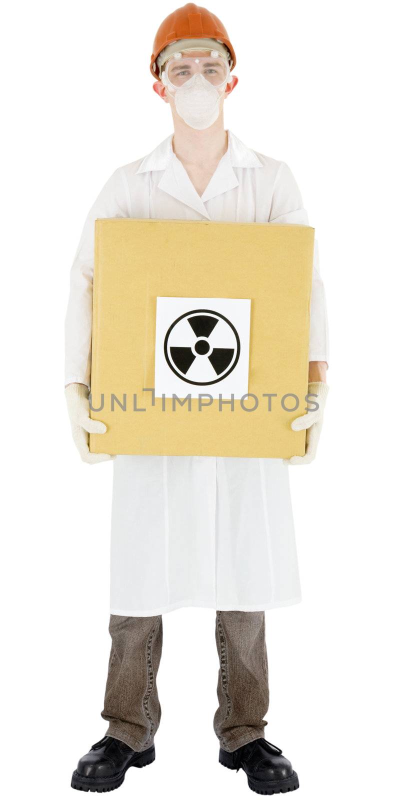 Scientist holding carton box with sticker sign radiation