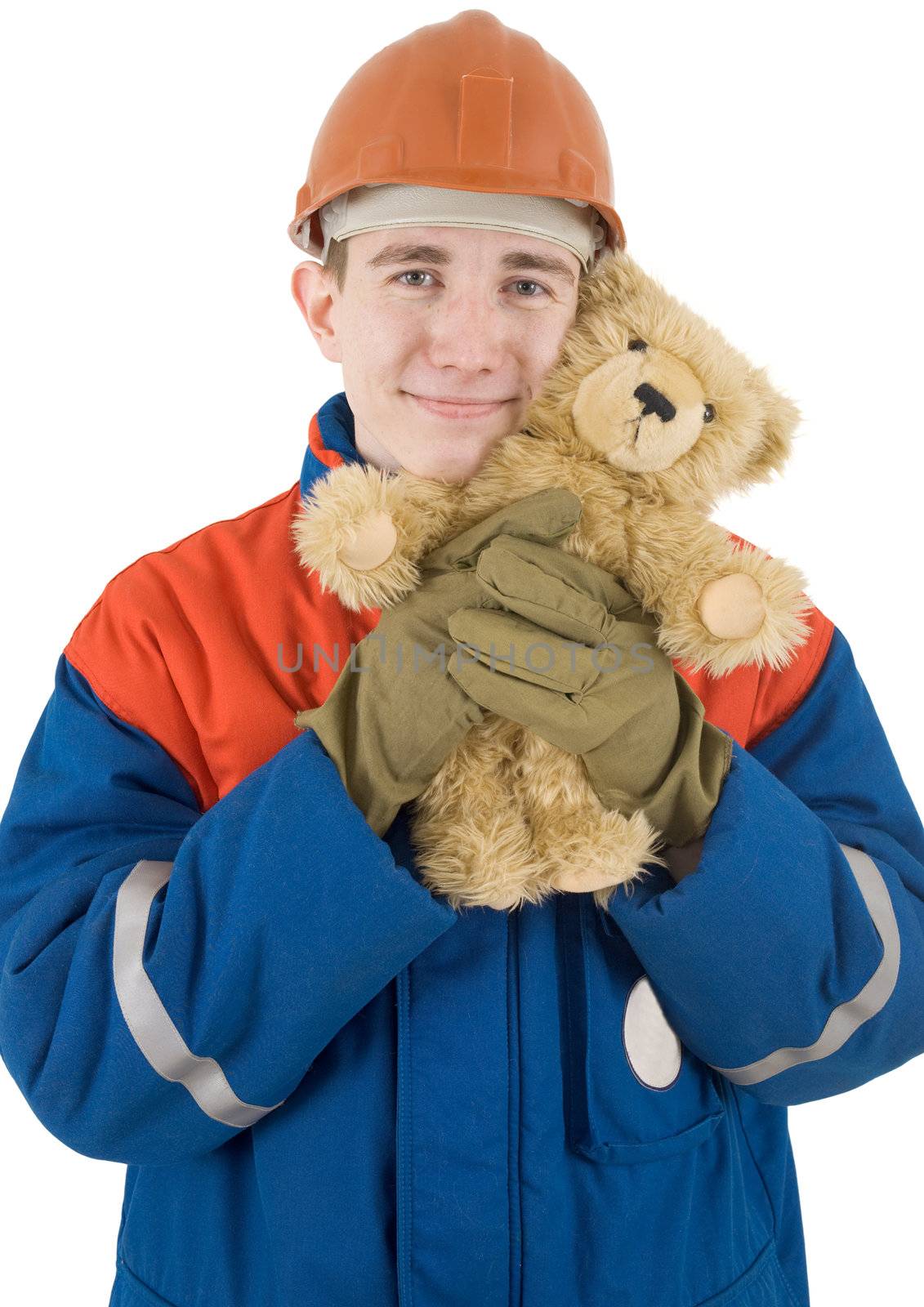 Man in overalls hold toy bear on the hands