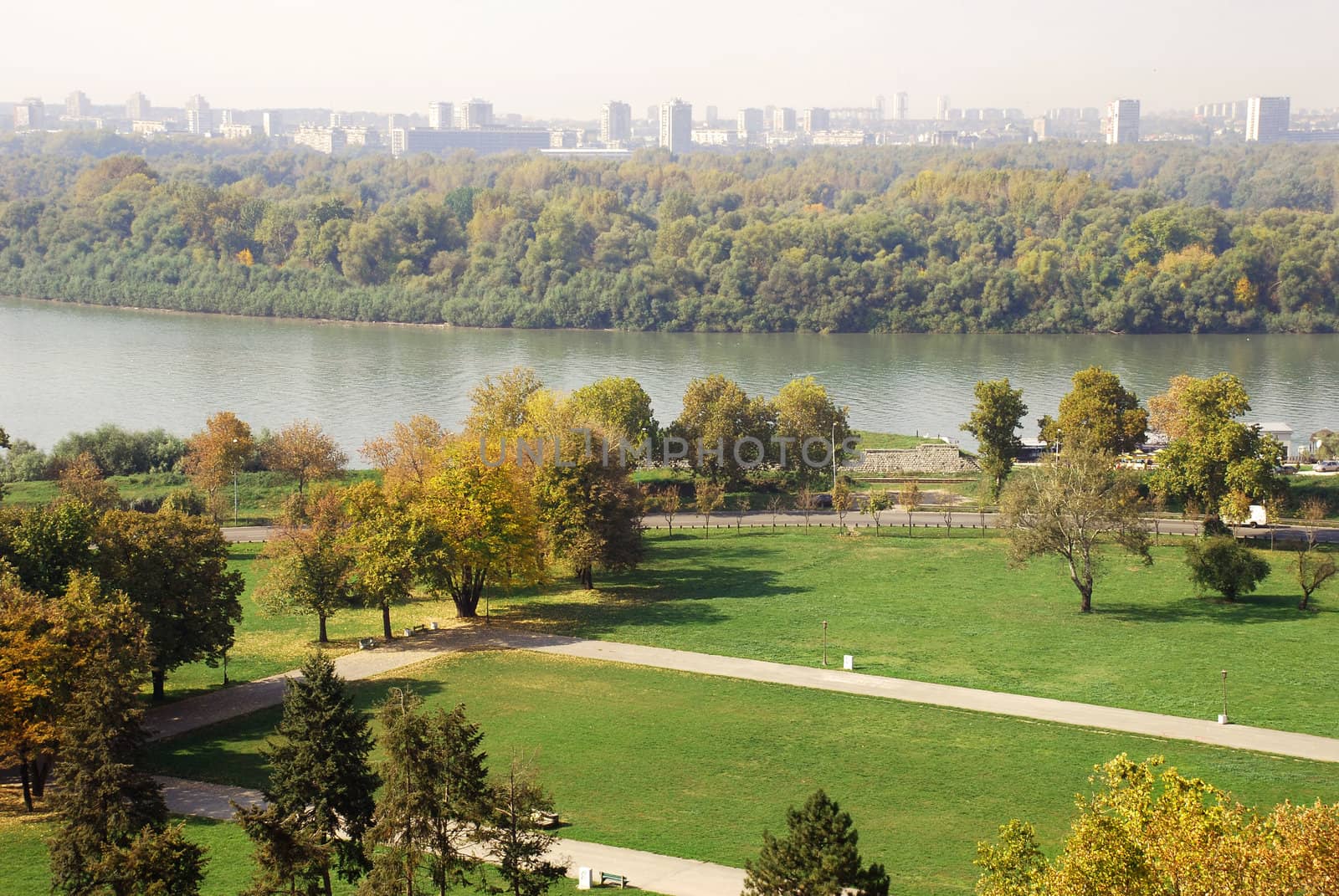 General urban view of Danube in autumn colors in Belgrade