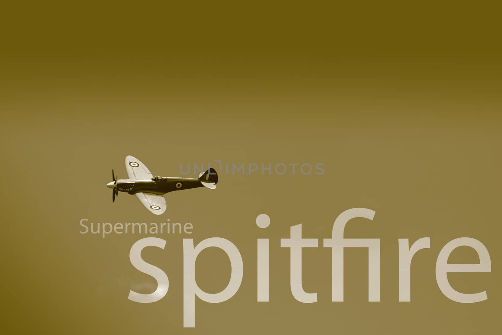 A Supermarine Spitfire MK PRXIX PS915 'The Last'. Set as a sepia styled image, with text spelling Supermarine Spitfire.