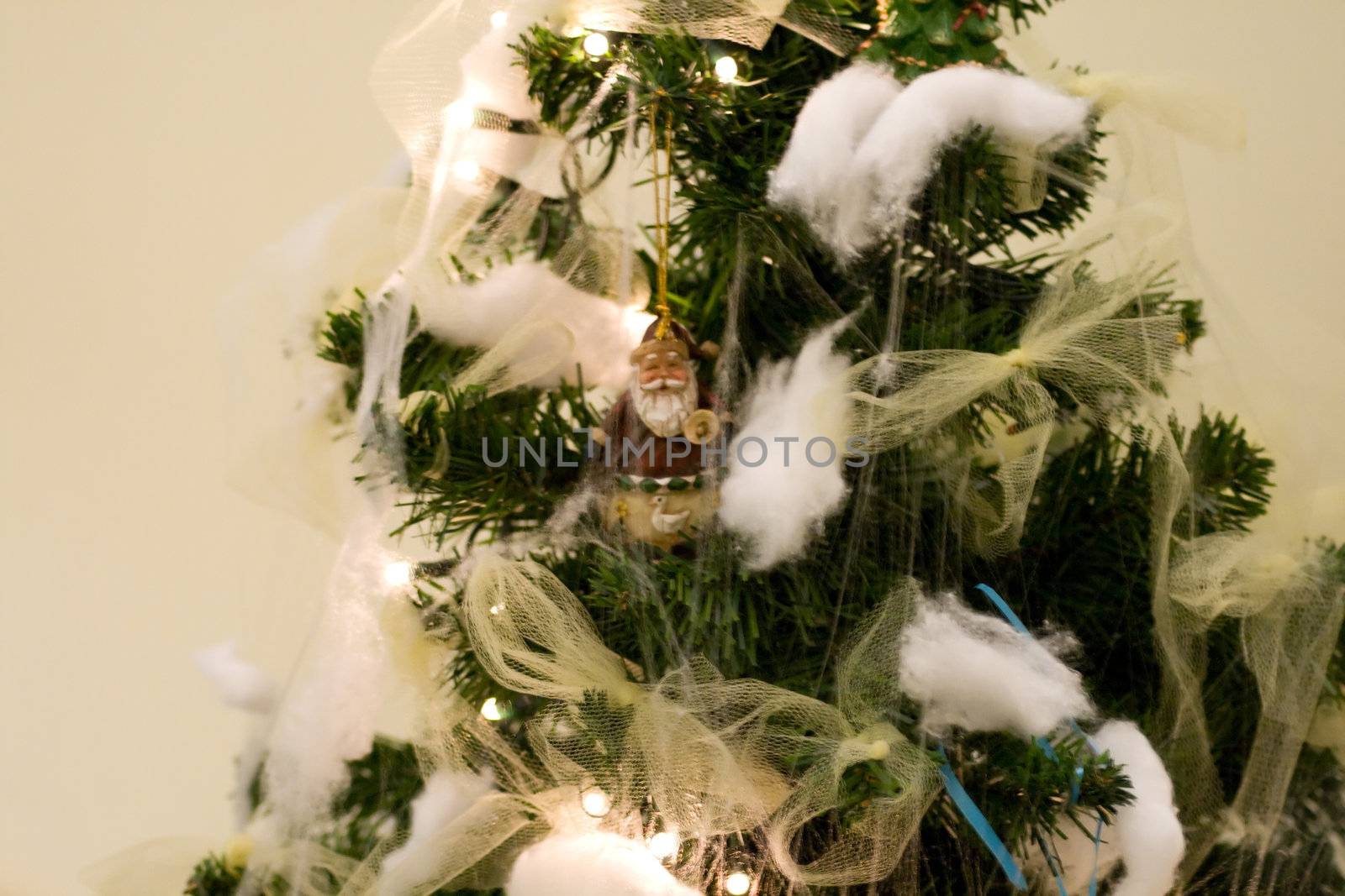 Close up of Christmas Tree with little Santa