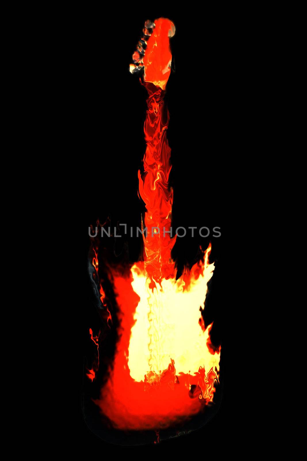 An electric guitar in flames on black background