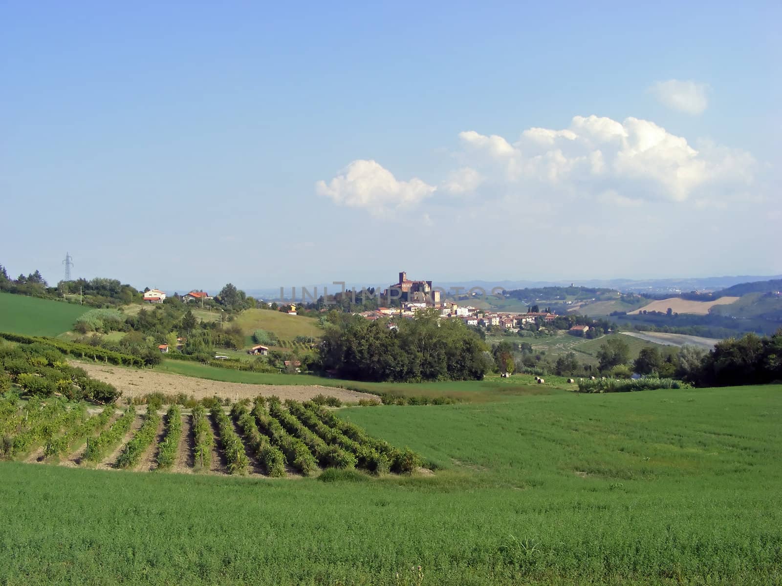 A landscape of hills, fields and sky