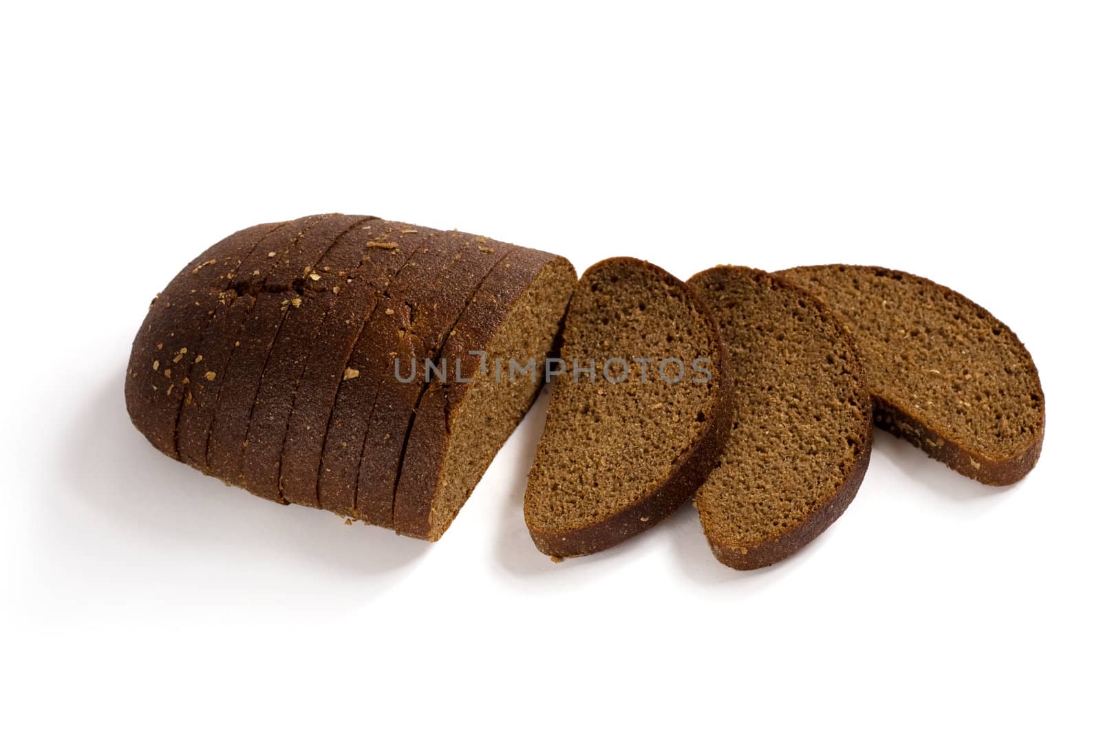 Sliced brown rye bread with shadow on white background. Clipping path included to easy remove shadow.