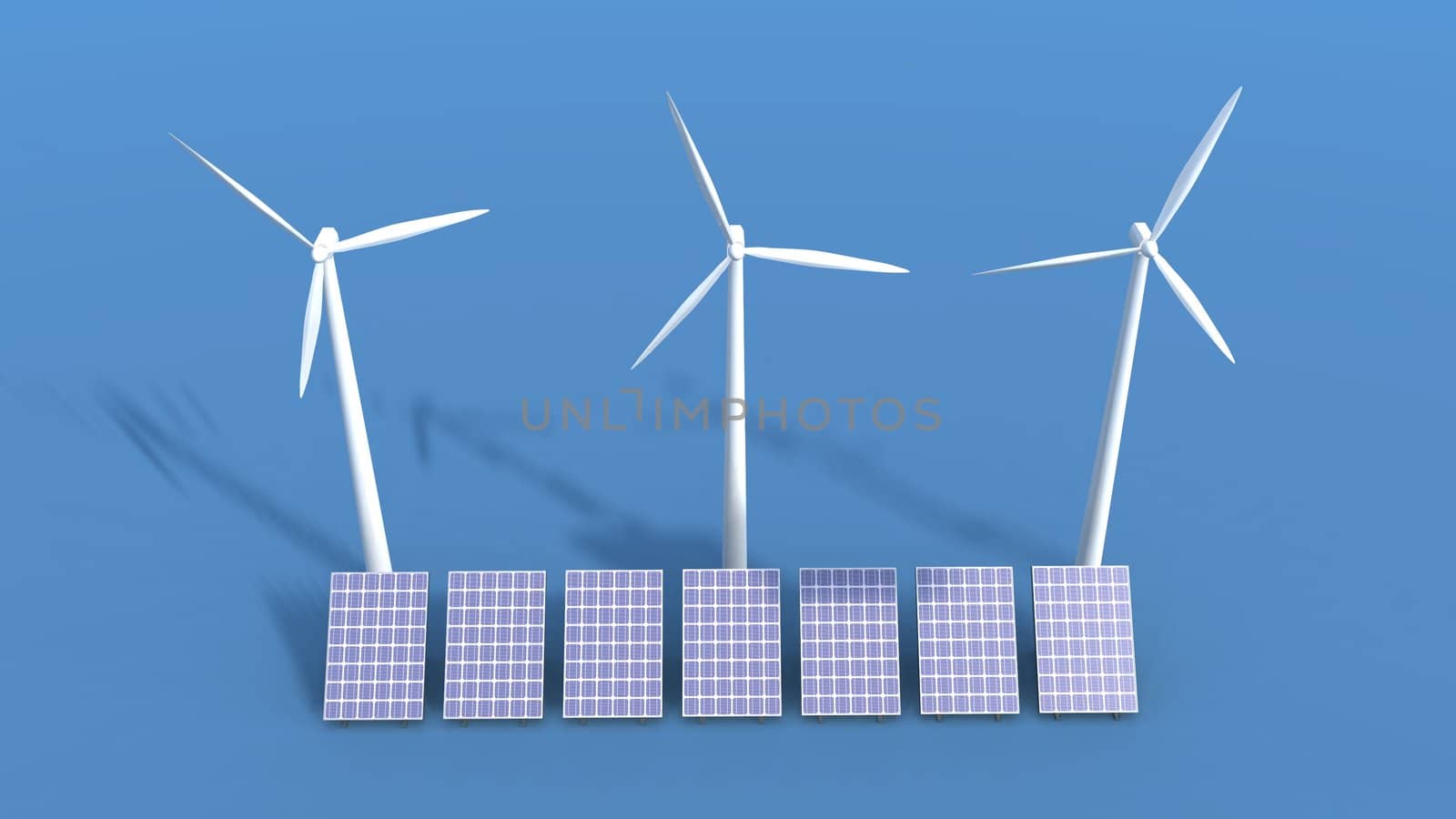 a 3D render of wind turbines and solar panels