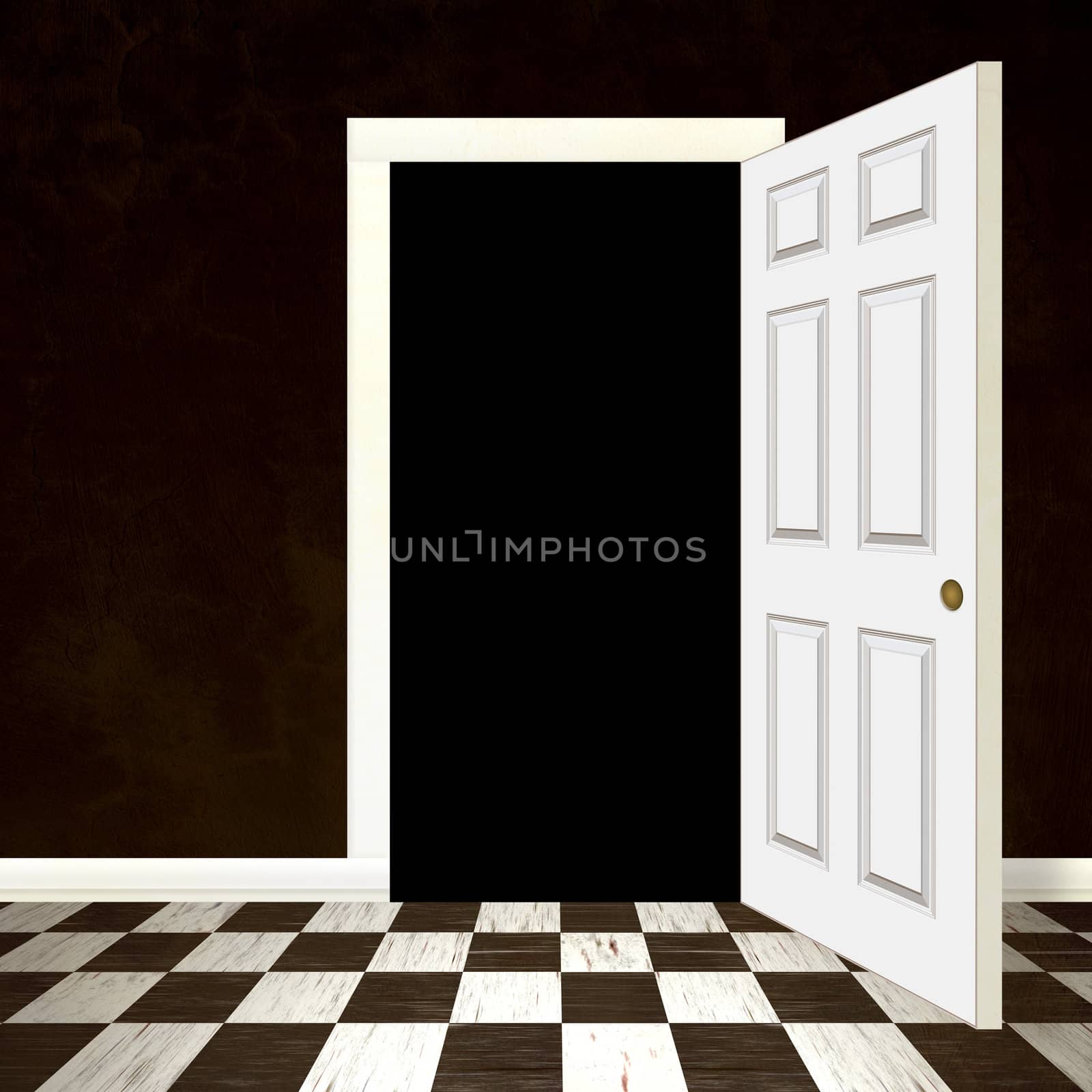 An entrance with an opened doorway and copyspace in the black area to insert your own graphic or photo.