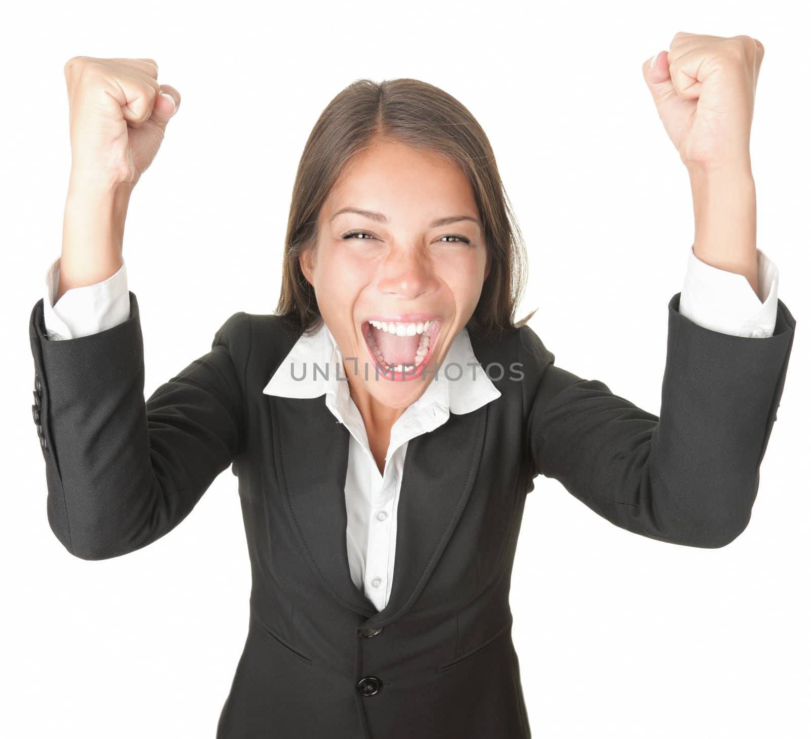 Success / winner business woman isolated. Funny image of celebrating happy young businesswoman in full length with her arms up. High angle view with near fish eye effect. isolated on white background.