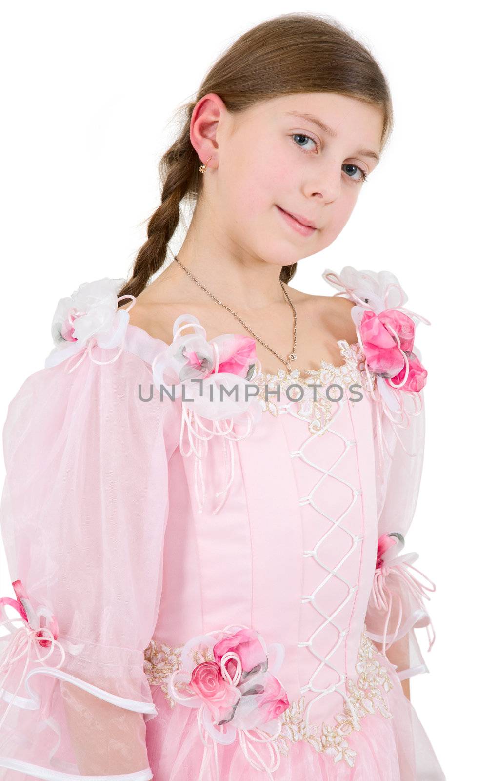 Girl in pinkish dress on a white background
