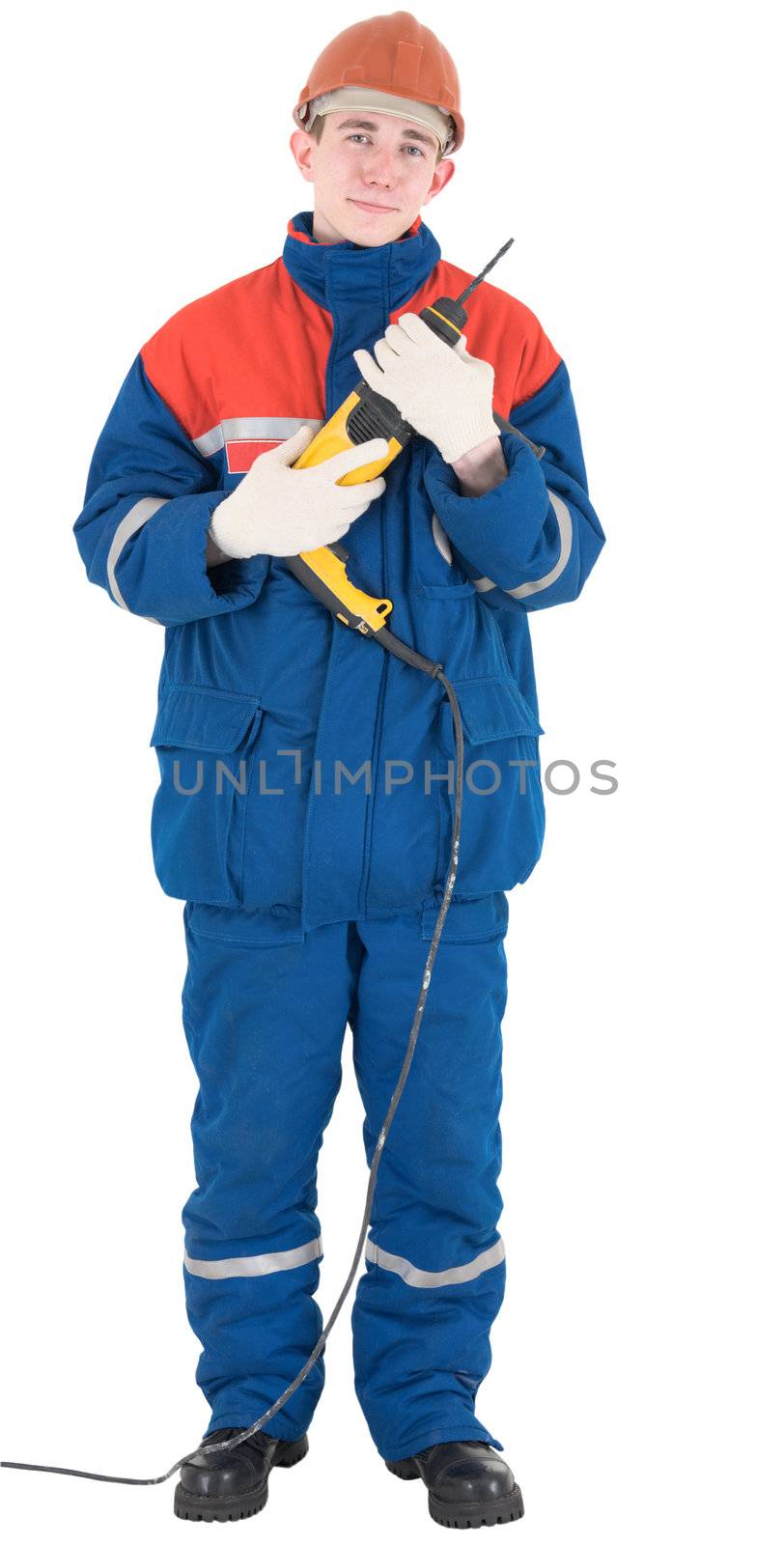 Laborer on the helmet with drill on a white background