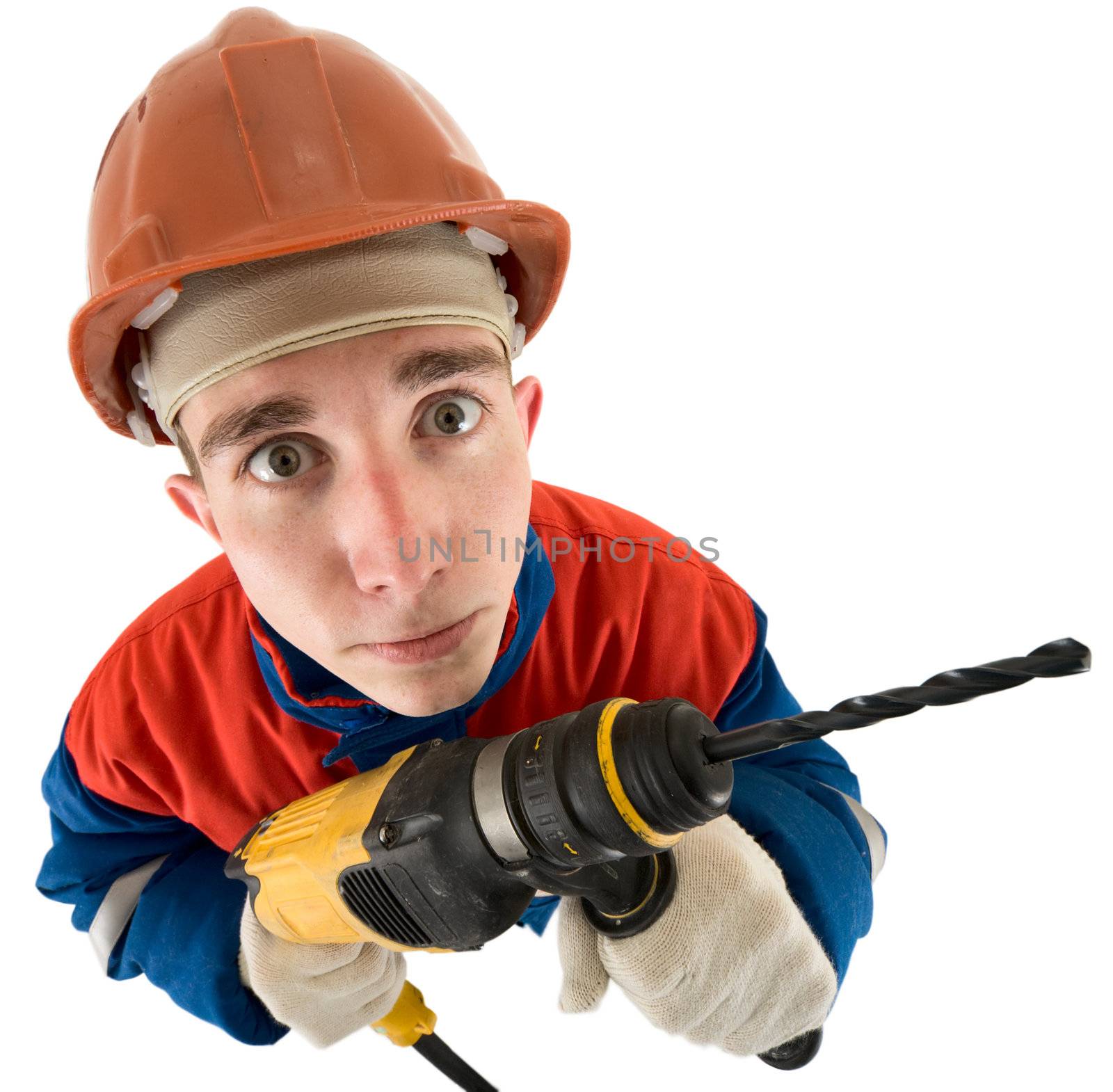 Laborer on the helmet with drill on a white background