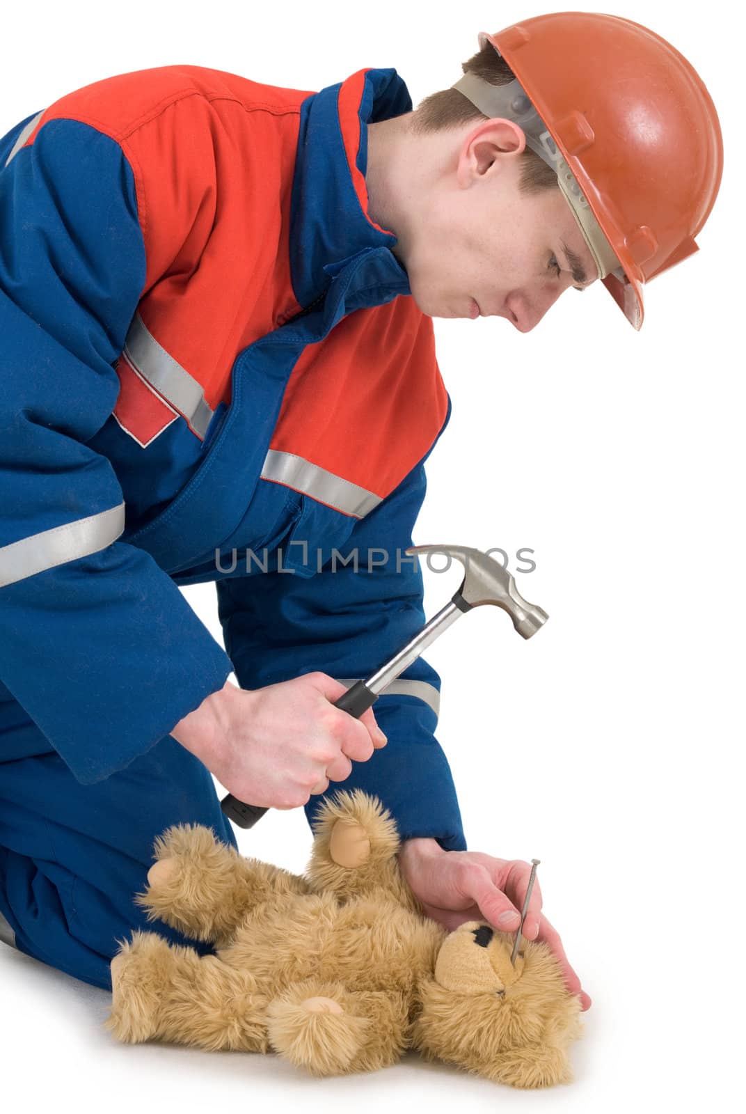 Labourer on the helmet with bear and hammer on a white background