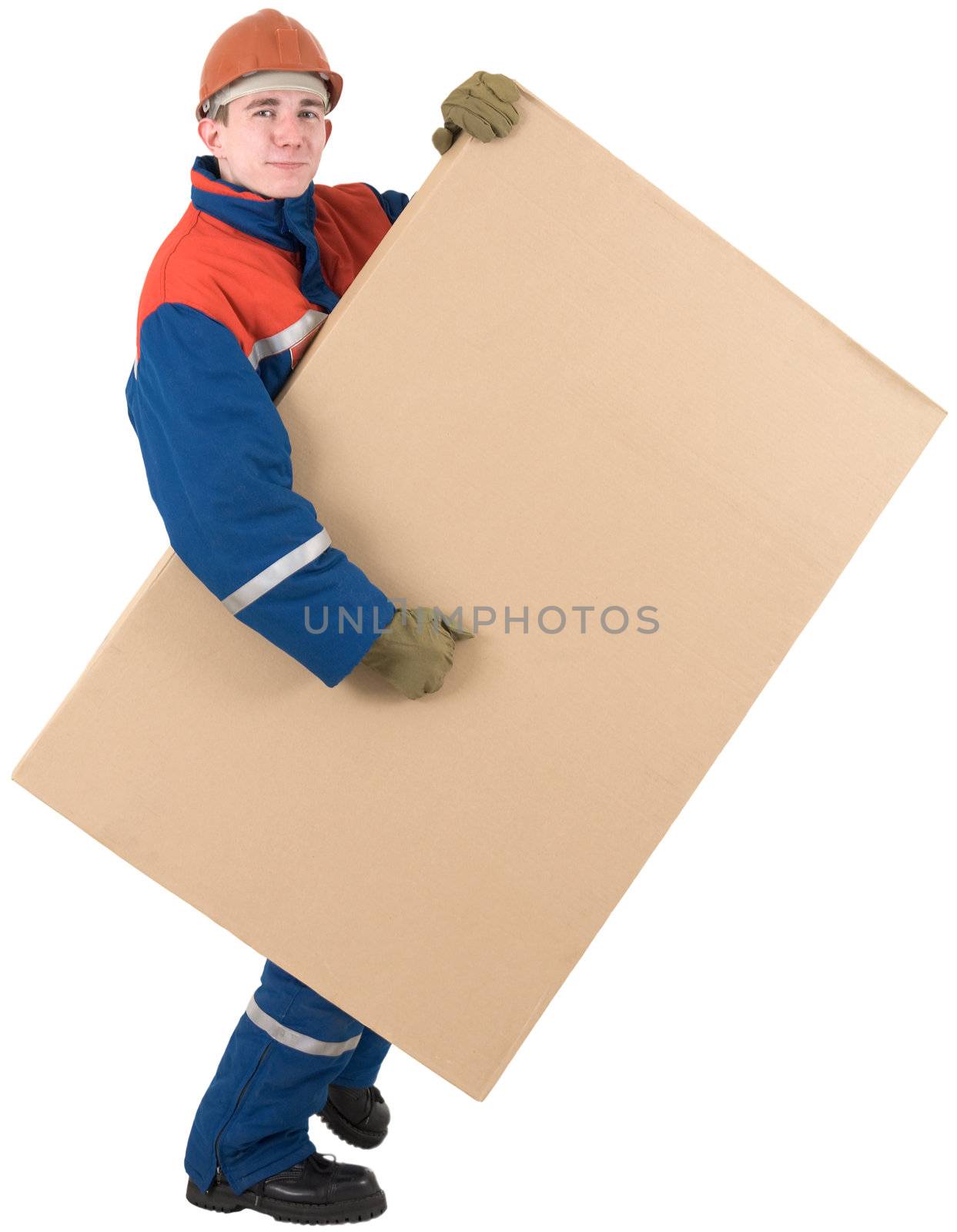 Laborer on the helmet with box on a white background