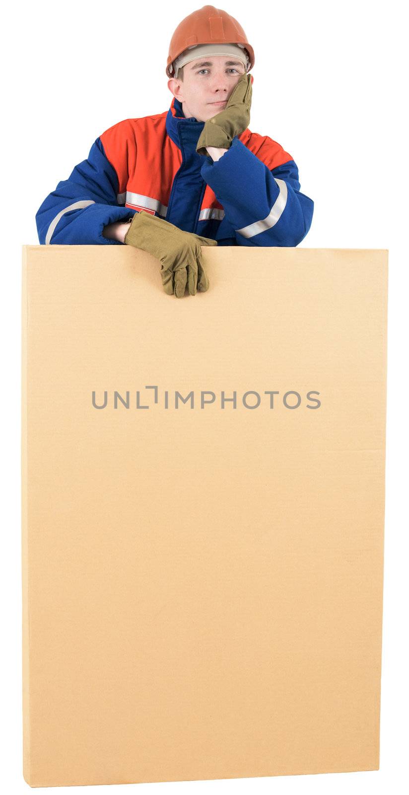 Laborer on the helmet with box on a white background