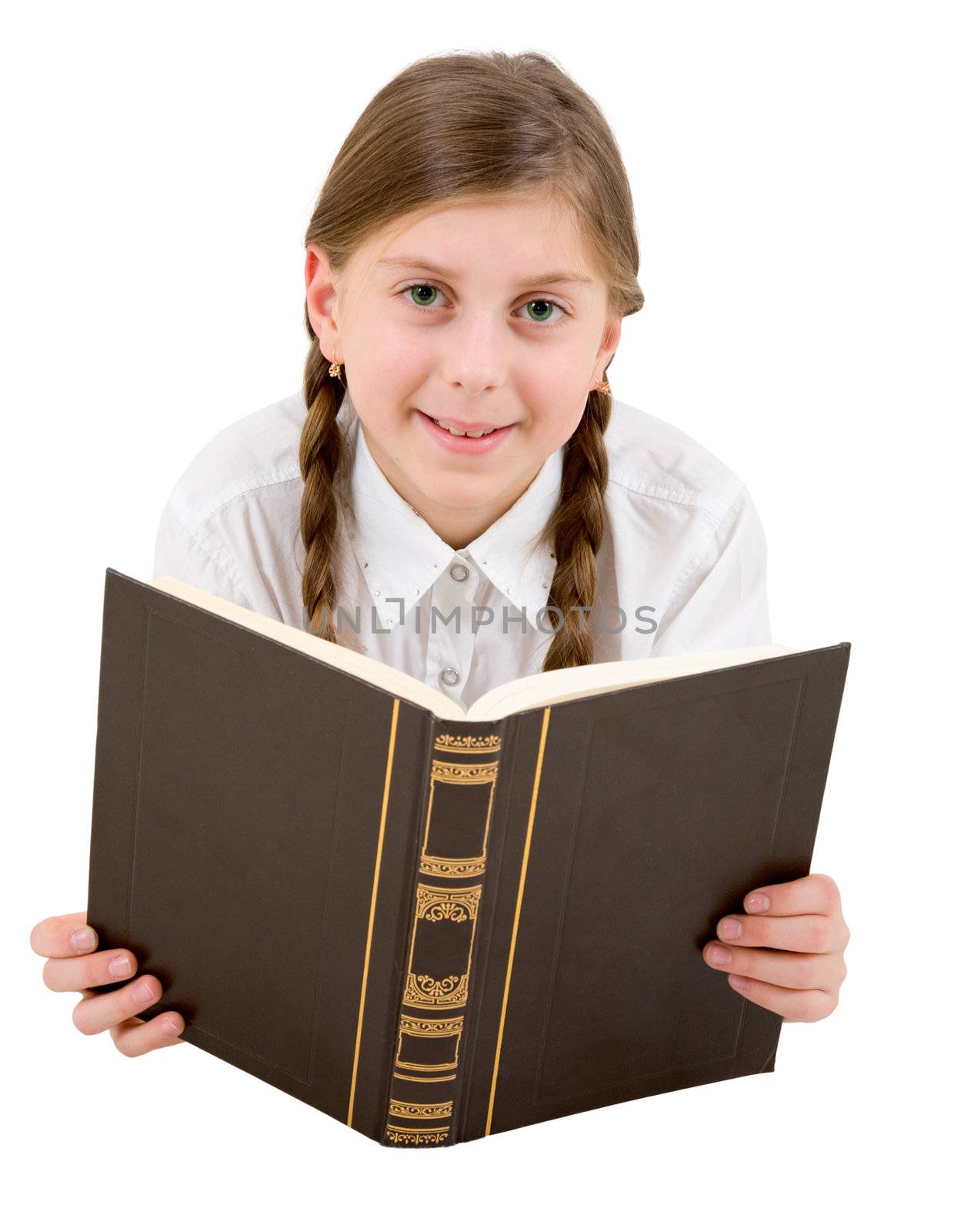 Girl reads book on the white background
