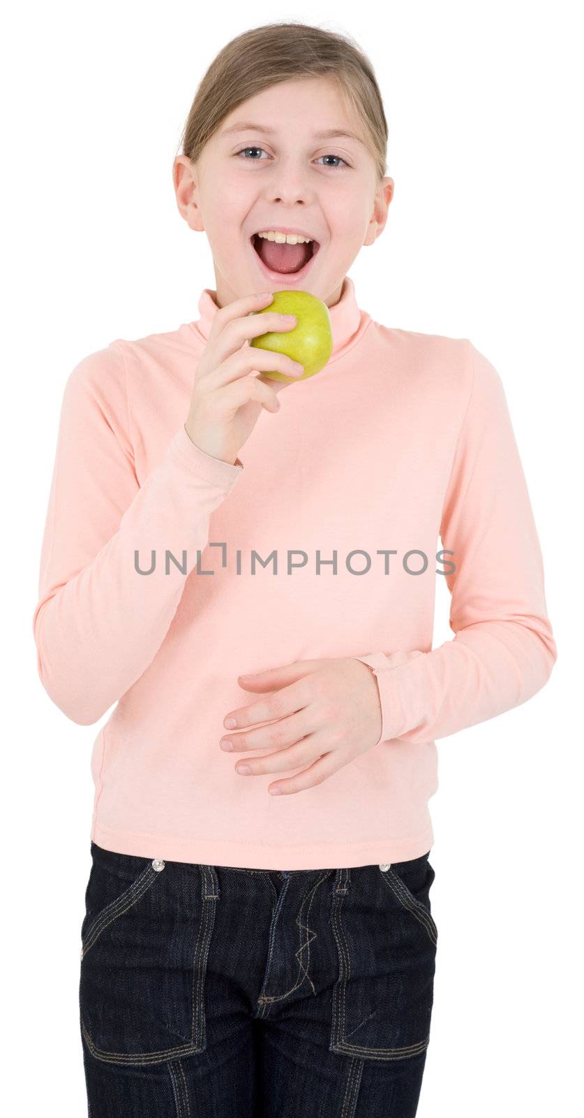 Girl wants to bite off apple on the white background