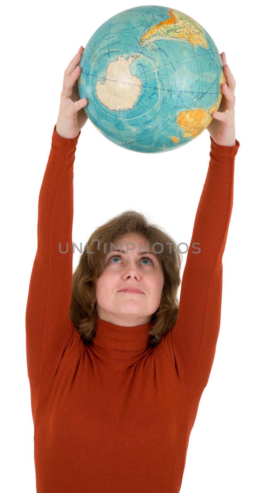 Woman holding on extended hand on head terrestrial globe