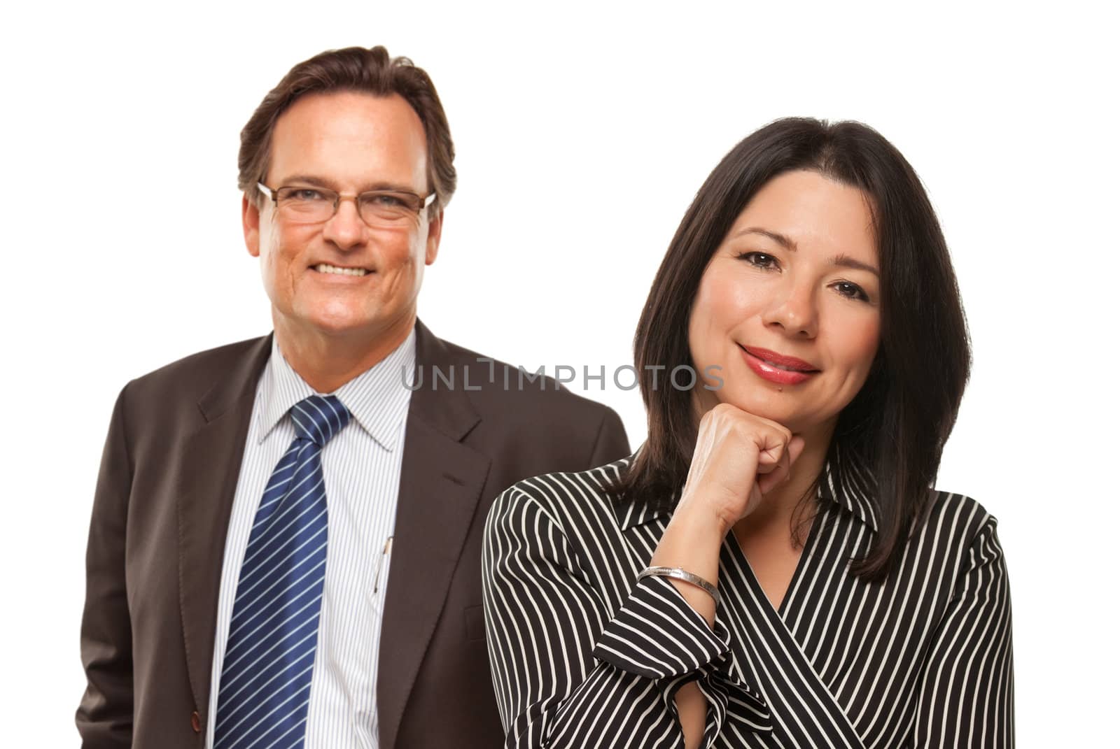 Attractive Hispanic Woman with Businessman Smiling in Suit and Tie Isolated on a White Background.