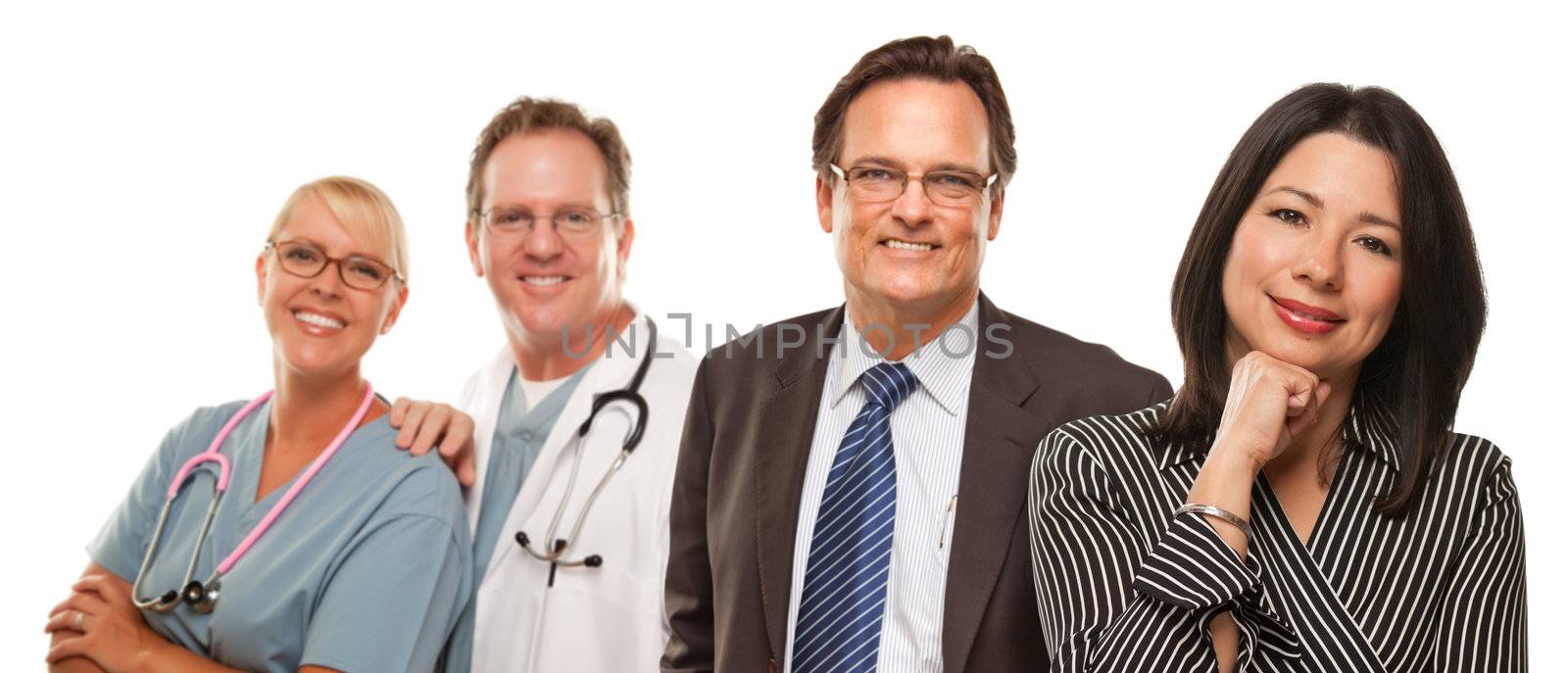 Hispanic Woman with Husband and Male Doctors or Nurses Isolated on a White Background.