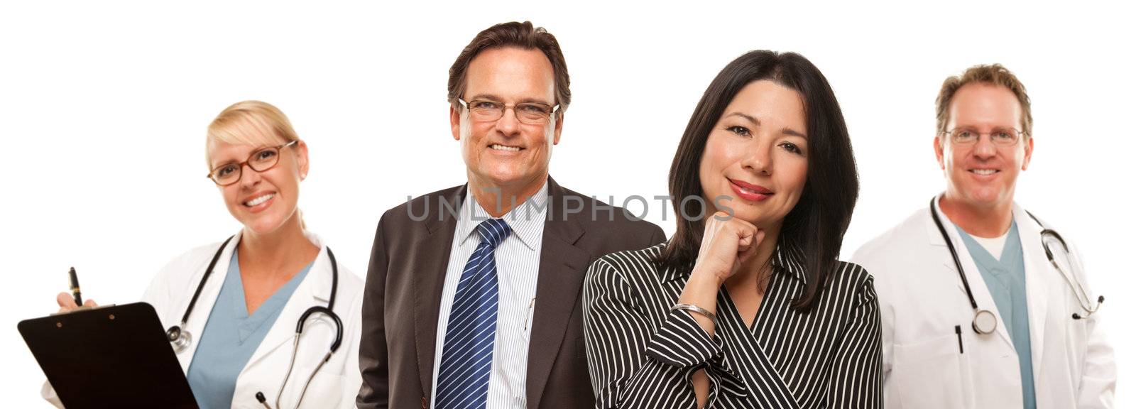 Hispanic Woman with Husband and Male Doctors or Nurses by Feverpitched