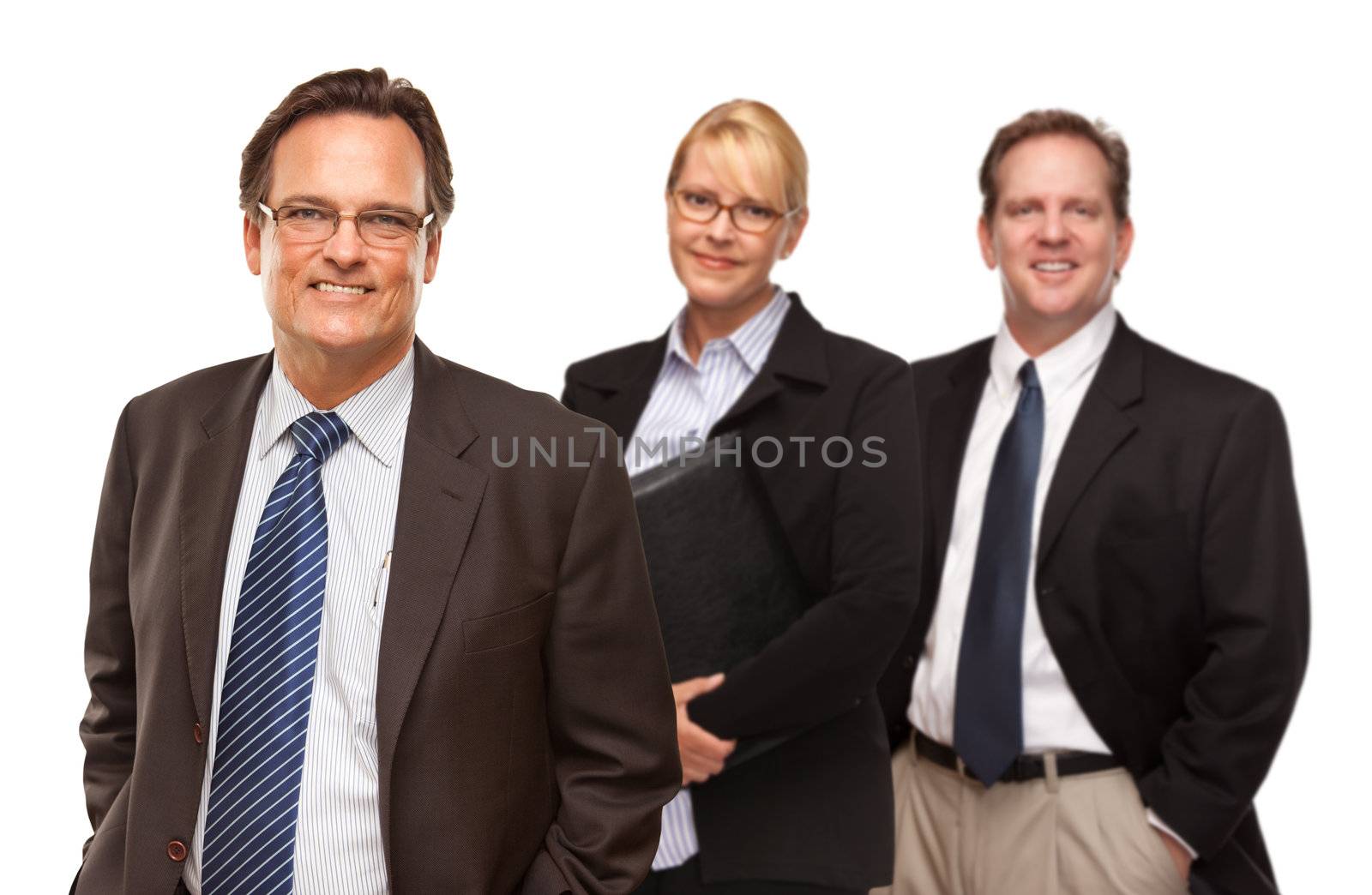 Handsome Businessman with Team Smiling in Suit and Tie Isolated on a White Background.