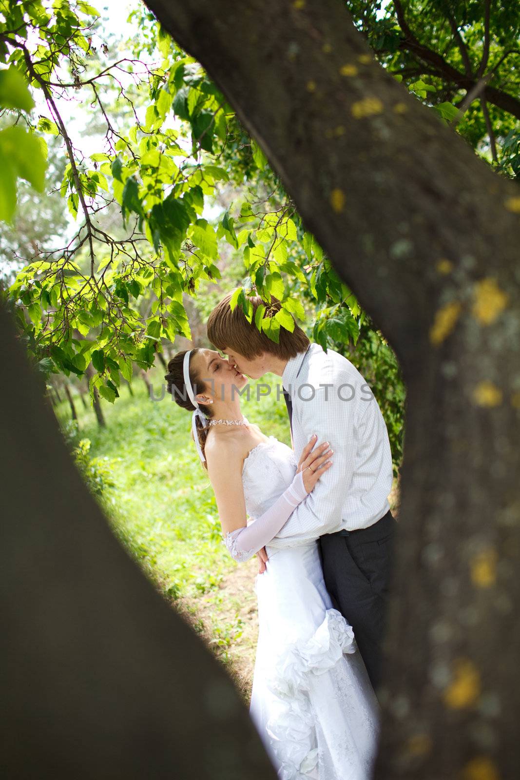 bride and groom in the park