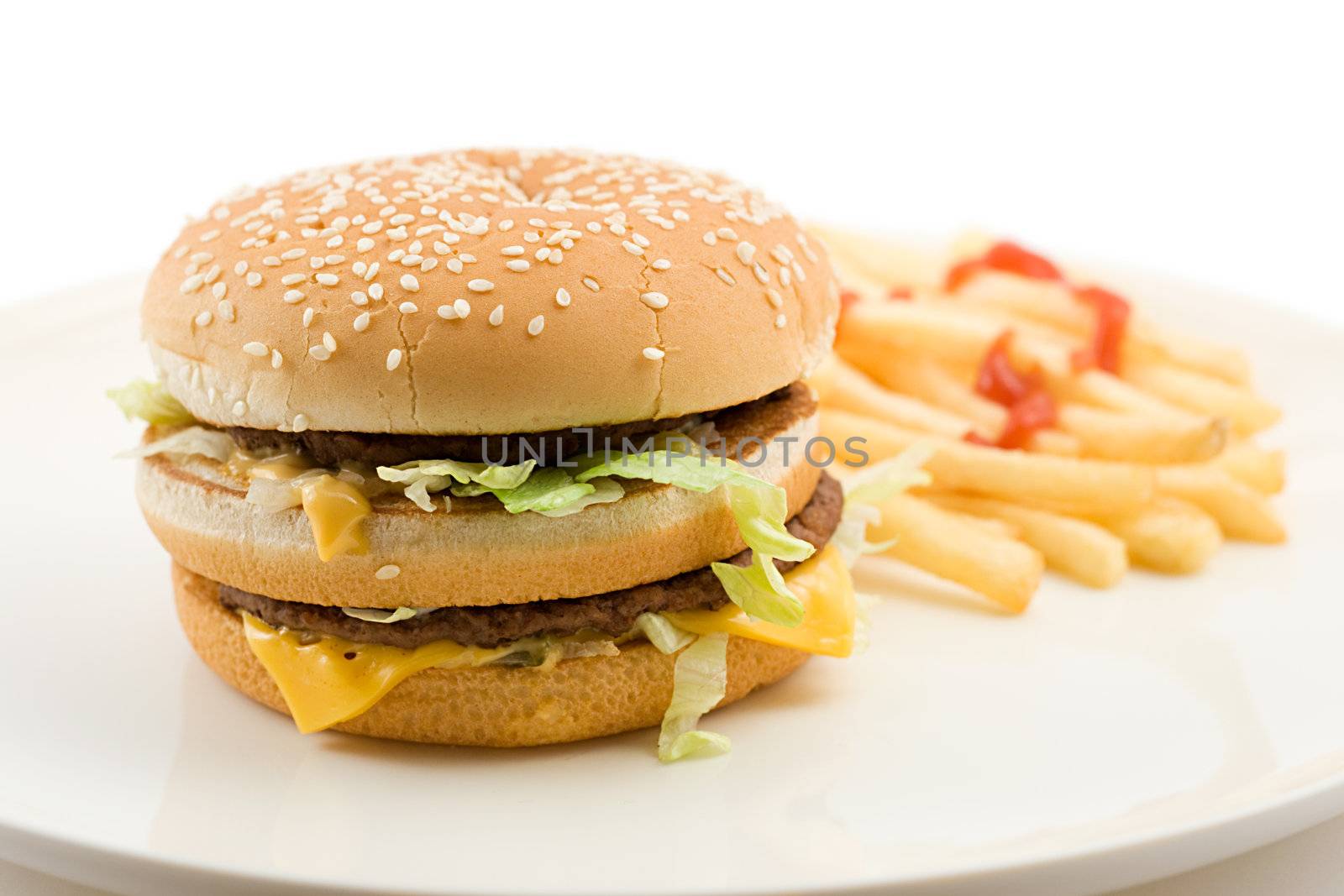 cheeseburger and french fries, shallow DOF, shot on white