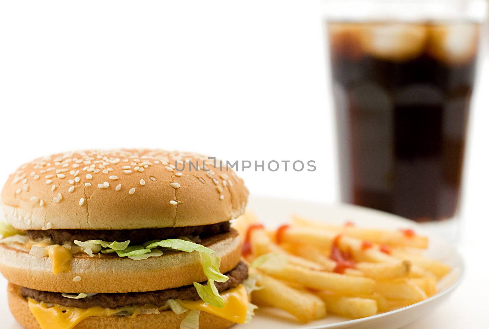 cheeseburger, soda drink and french fries, shallow DOF, shot on white