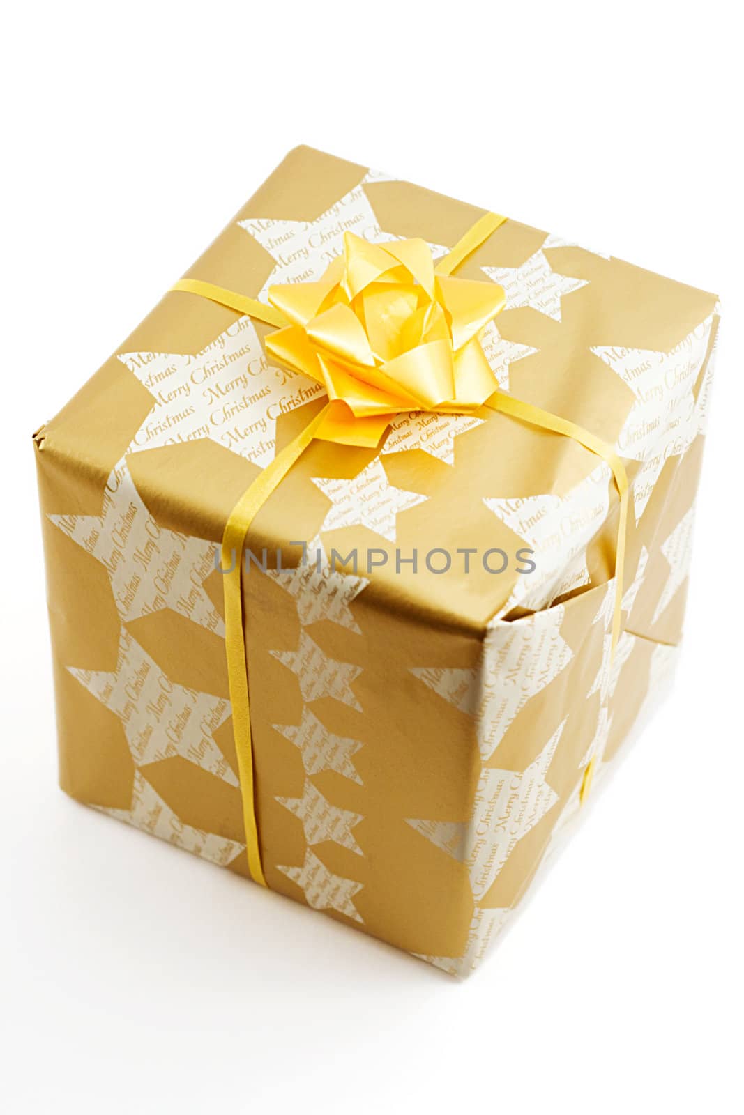 golden gift box, shot on white