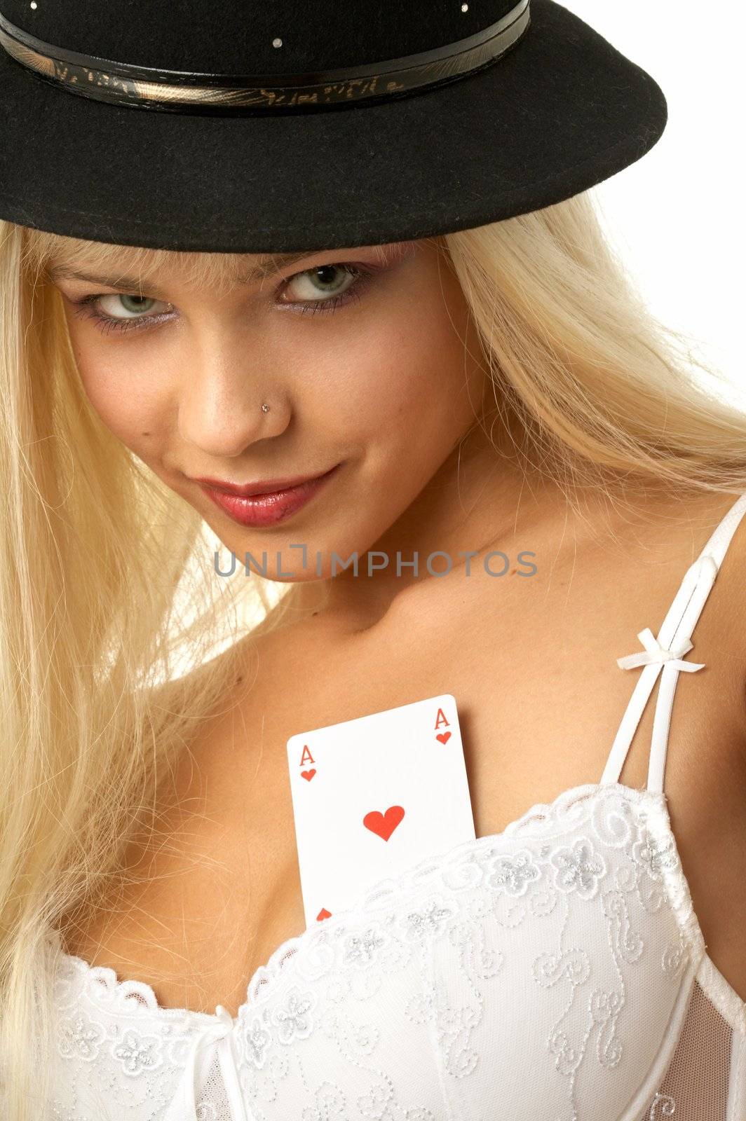 pretty blond with ace of hearts in her bra