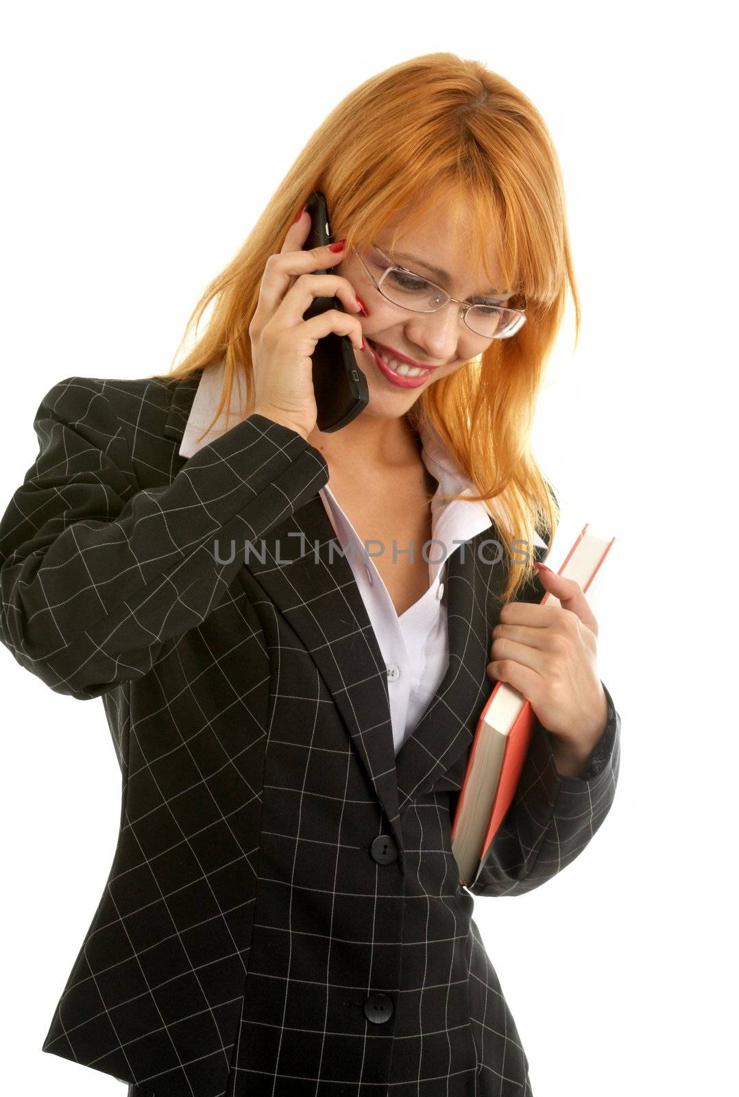 businesswoman with book making a phone call