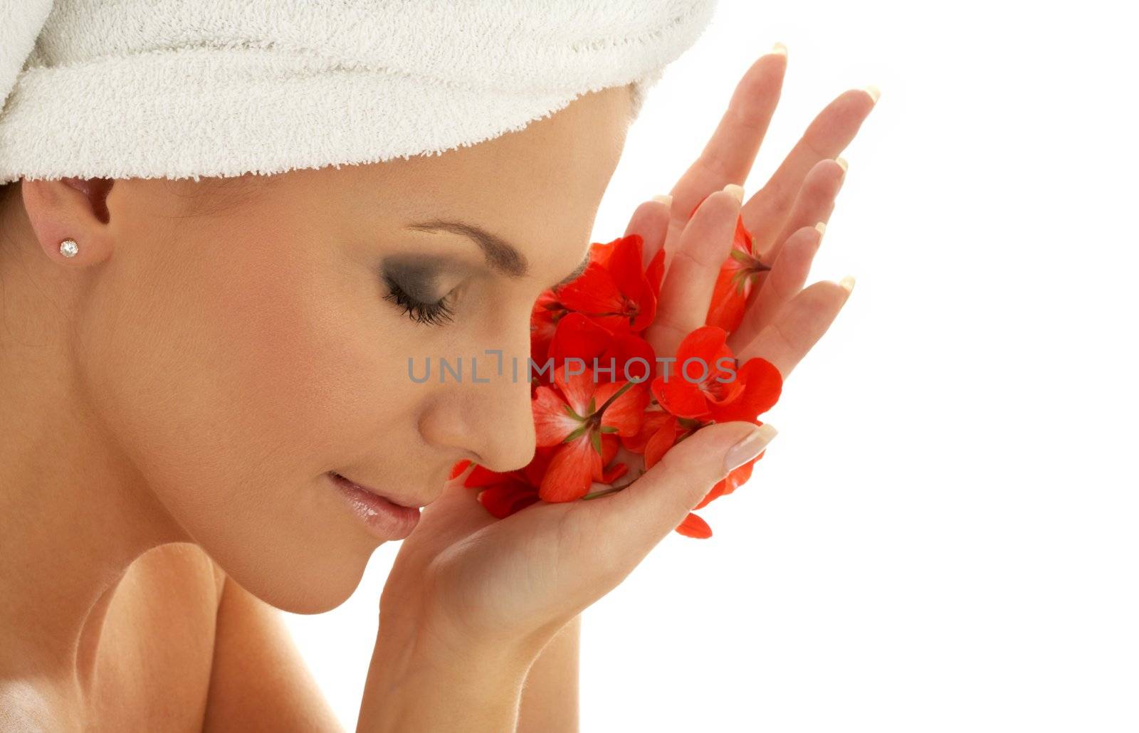 lovely woman with red flower petals