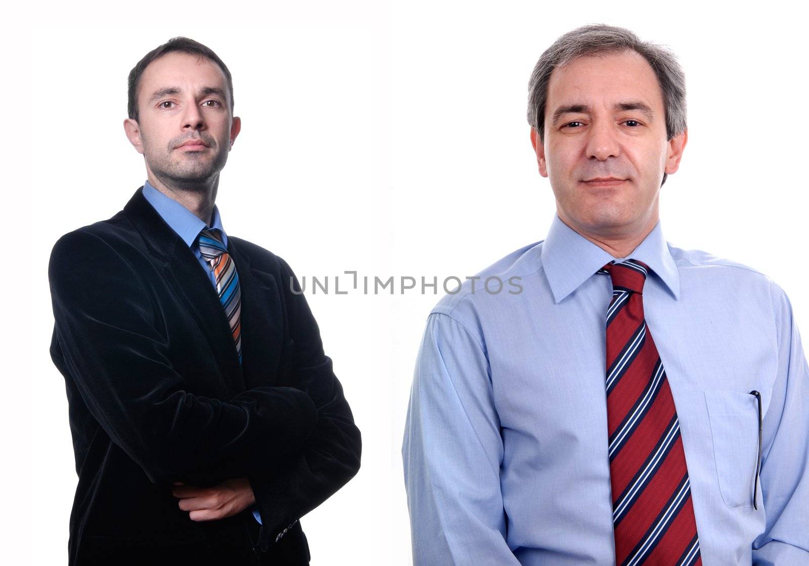 two young business men portrait on white