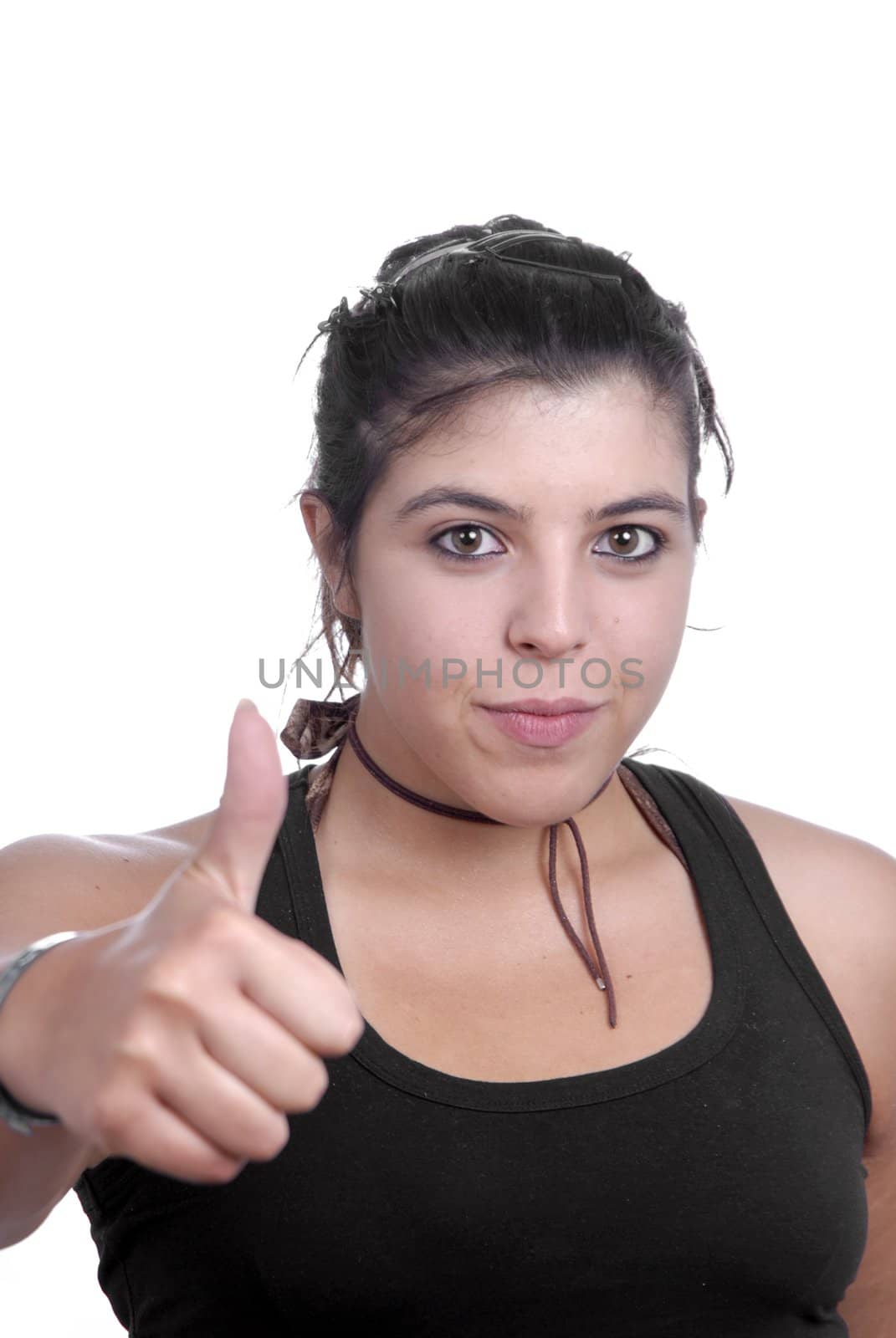 young woman on white with thumb up