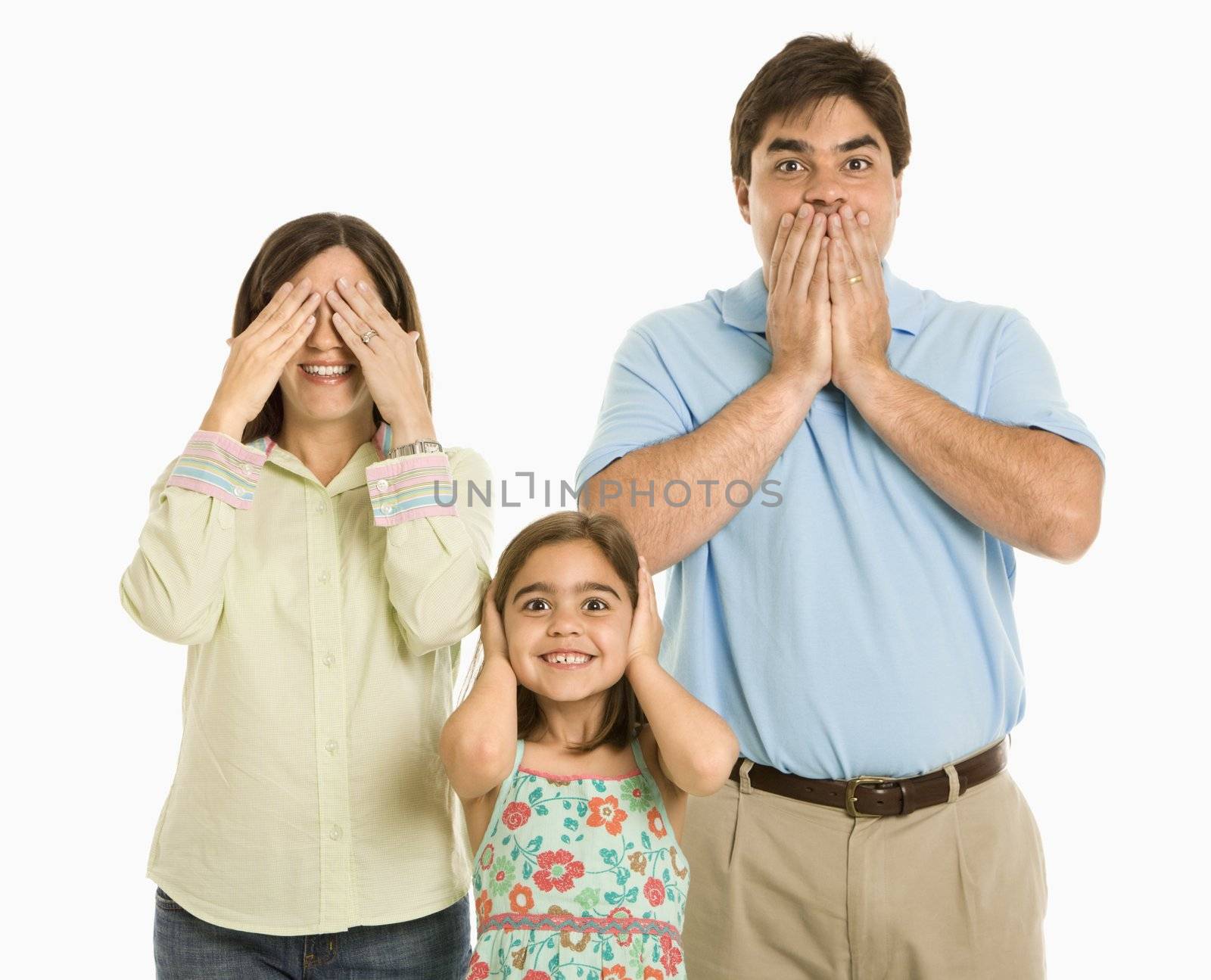 Family doing hear no evil, see no evil, speak no evil gestures.